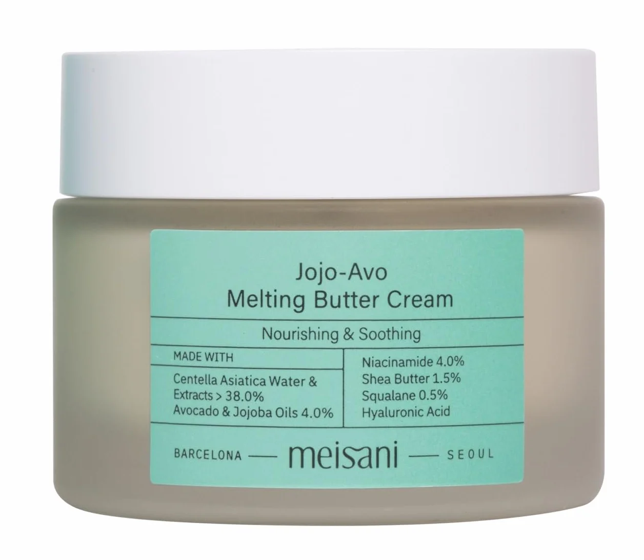 Meisani Jojo-Avo Melting Butter Cream, Crème hydratante et nourrissante à l'avocat et à la centella asiatica pour peaux sensibles et déshydratées, 50 ml