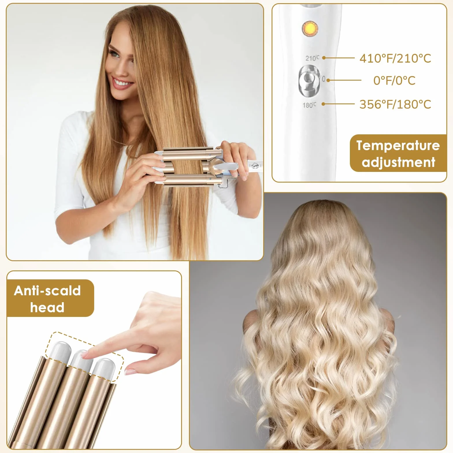 Fer à Boucler,22mm Fer à onduler 3Tete,En Céramique Cheveux Bouclés Barils Cheveux Wavy,2 Réglages Température,Fer à Friser pour Cheveux Long Courts Avec 2clips et un gant(Blanc)