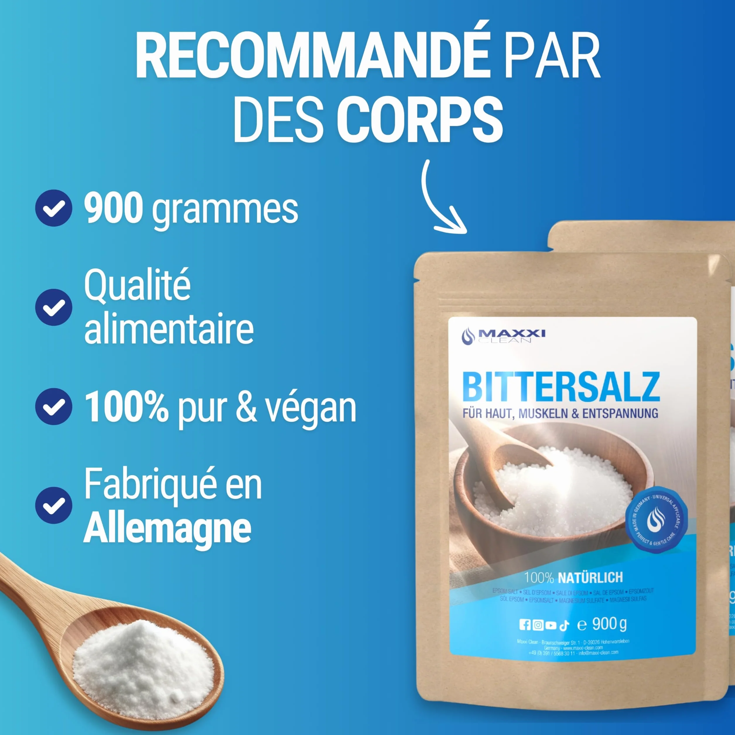 Maxxi Clean Sel d'Epsom 900 g Bain Bien-être Gommage Corporel Magnésium