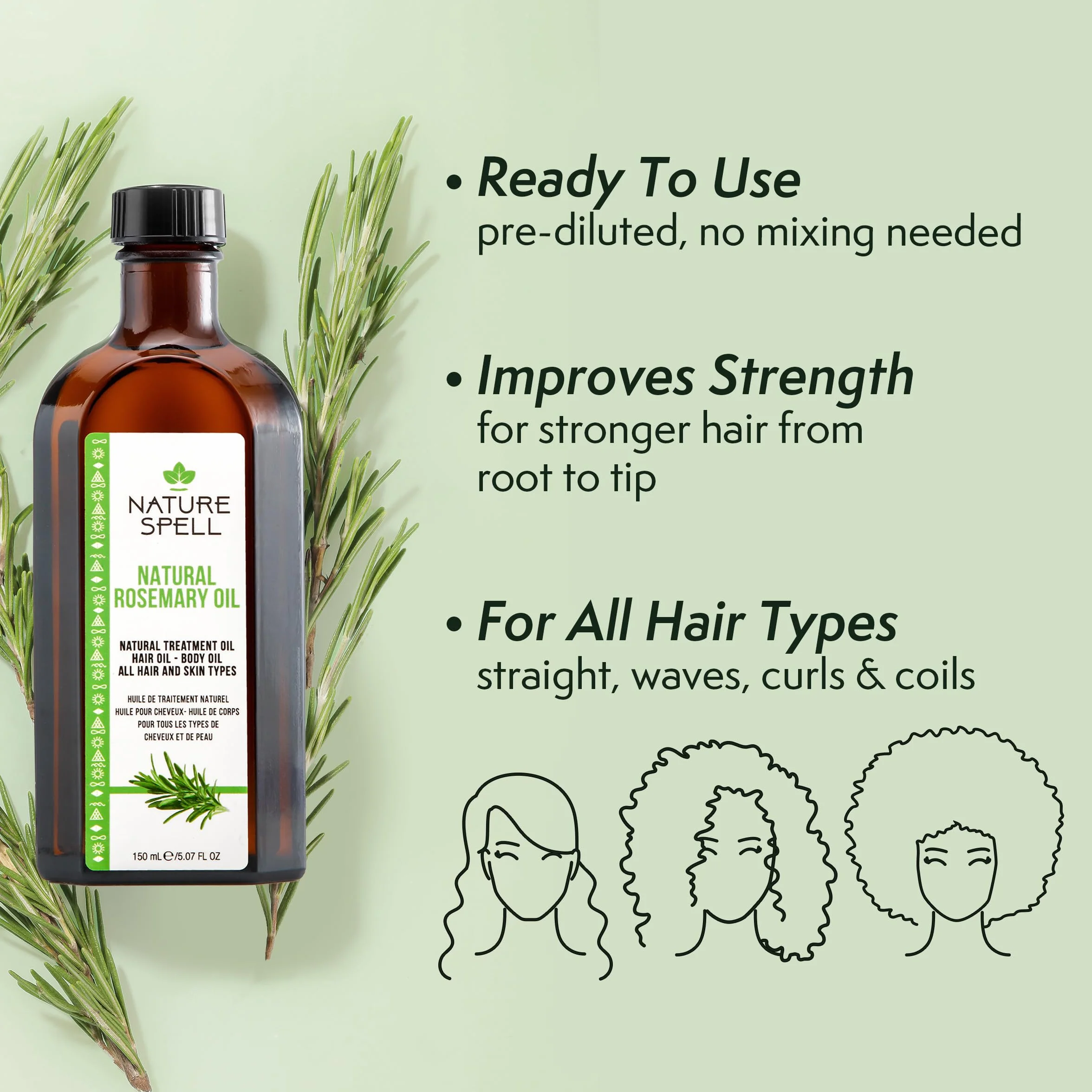 Nature Spell Huile de Romarin Croissance Cheveux, Pré-diluée Cuir Chevelu, Stimule Pousse, Renforce Nourrit Cheveux Secs Abîmés, Vegan, 150 ml