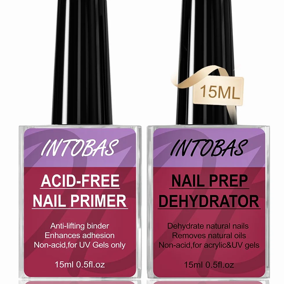 INTOBAS Primer Ongle Gel UV et Déshydrateur Ongle 15ml*2pcs - Nail Prep Primer Vernis Semi Permanent Acrylique Gel Ongle Acid Free Kit Professionnel