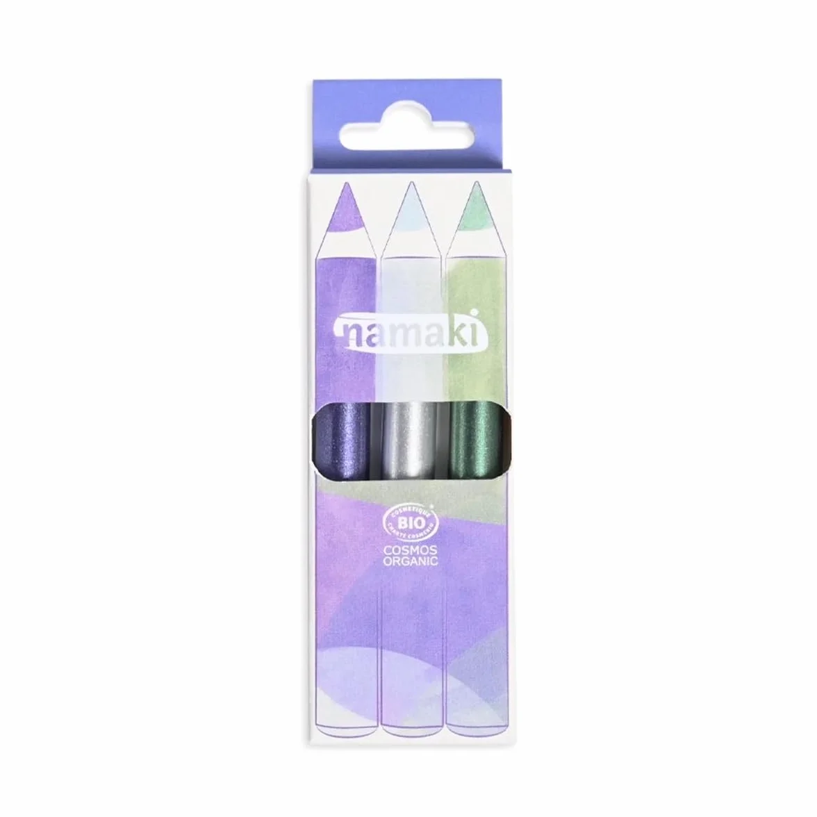 Kit de 3 Crayons de maquillage Enfants Pailletés Jumbo Bio – Violet, Argent, Vert - Certifié Cosmos Organic - Namaki