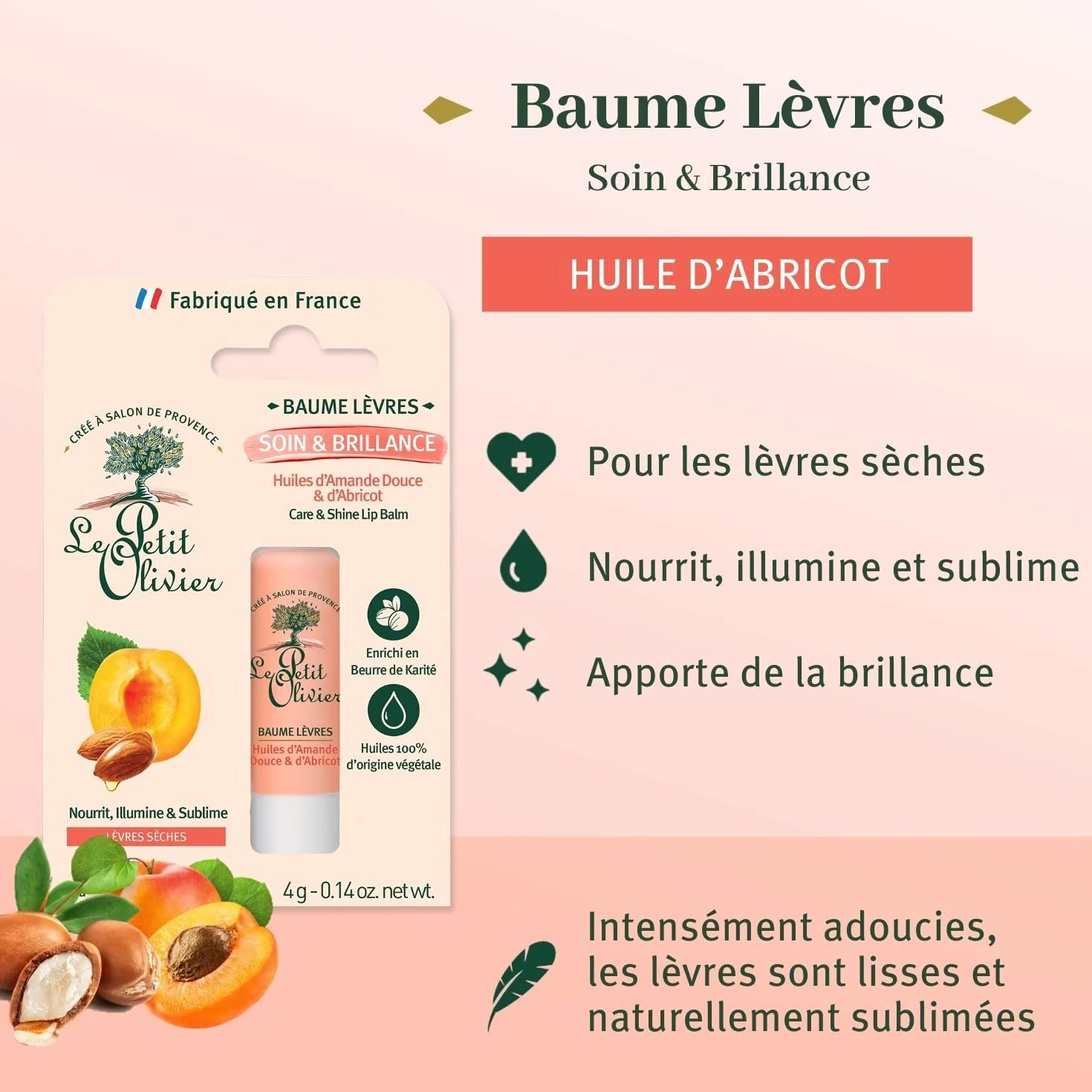 LE PETIT OLIVIER Baume Lèvres Soin & Brillance Huile d'Amande Douce et Abricot 4 g