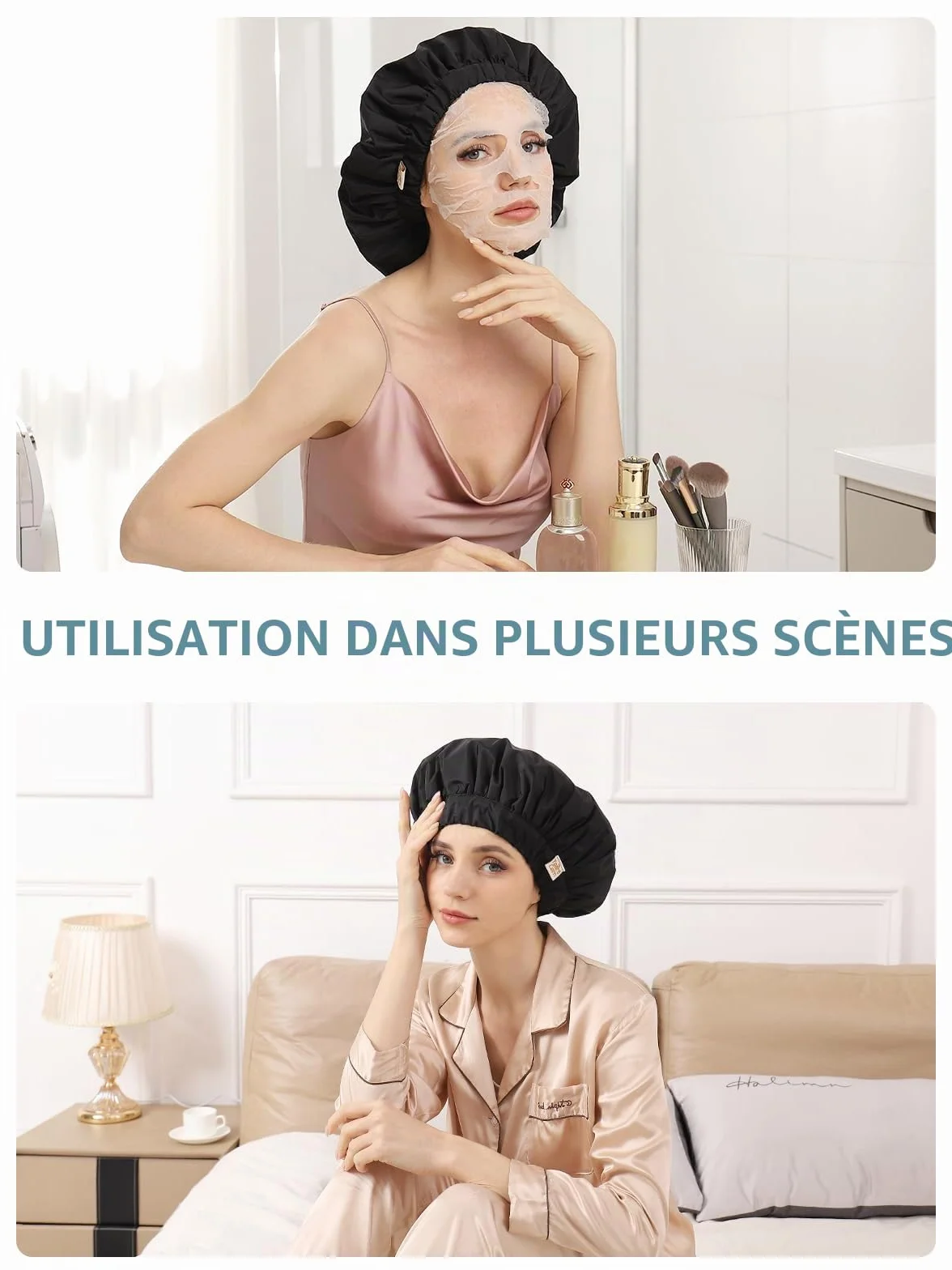 Bonnet de douche imperméable réutilisable pour femme, design élastique double couche, noir