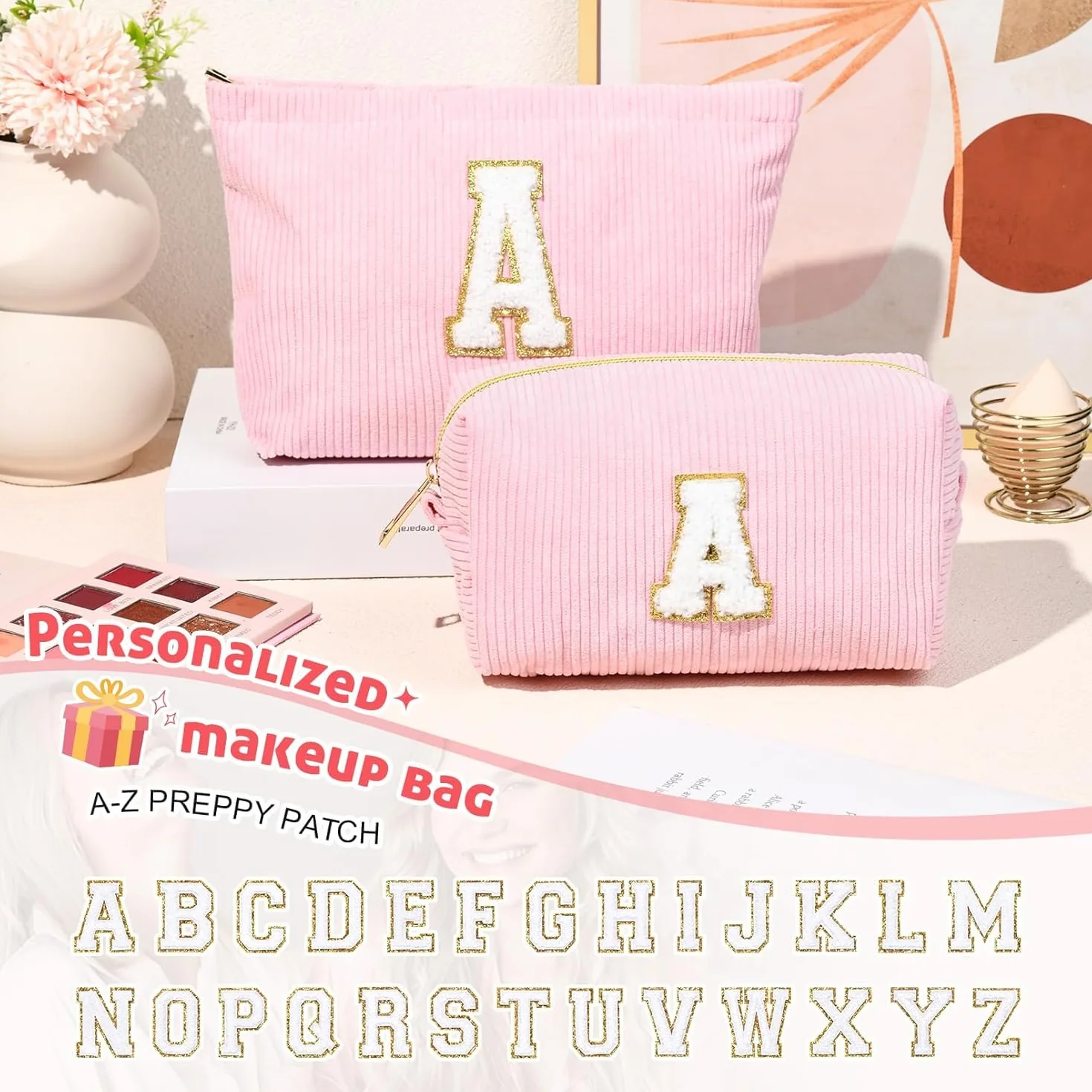 Pochette Cosmétique Rose en Velours Côtelé avec Initiales, Sac à Cosmétiques Grande Capacité Trousse de Toilette de Voyage pour Femmes Filles Cadeaux