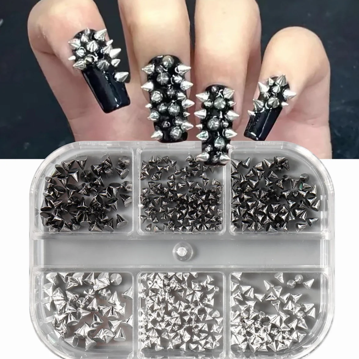 Breloques pour Ongles Rivets Métal Nail Art Noir Argent, 1 Boîte 6 Cellules DIY Fille Dames