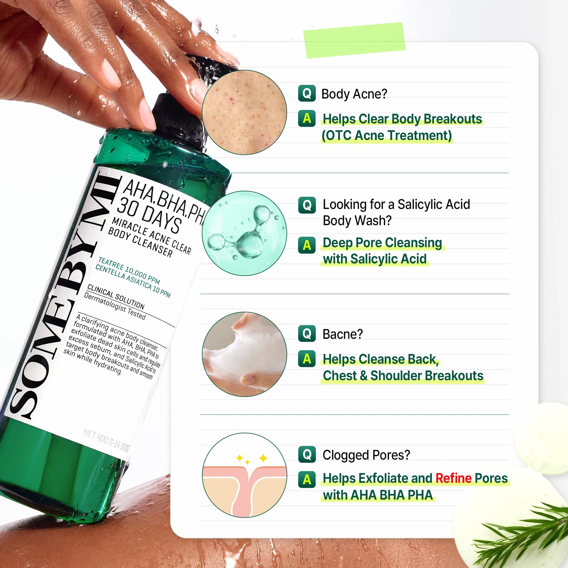 SOME BY MI AHA BHA PHA 30 Days Miracle Acne Clear Body Cleanser 400ml Gel douche exfoliant au tea tree
