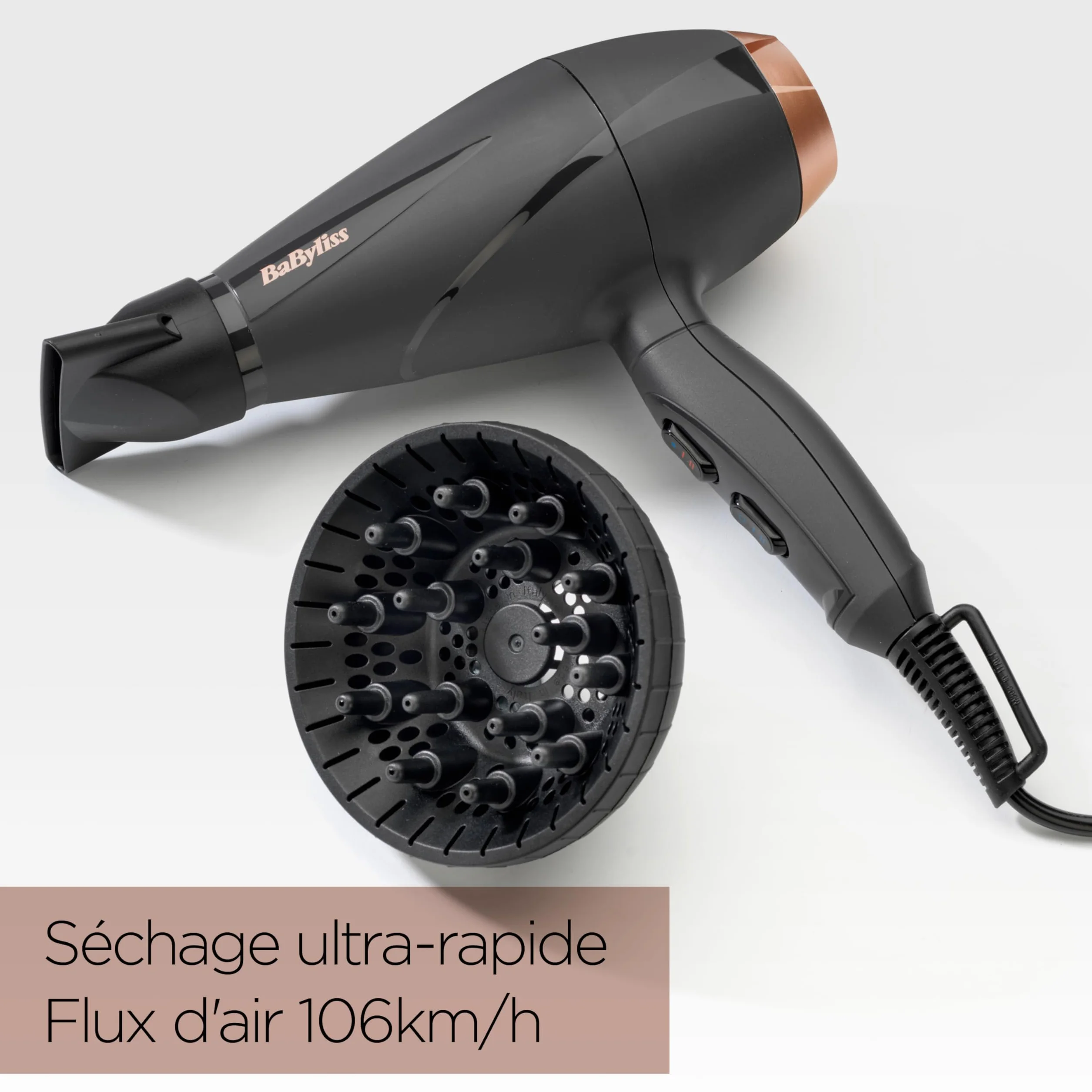 BaByliss Sèche-cheveux Smooth Pro - Sèche-cheveux puissant de 2100W, Fabriqué en Italie, Technologie ionique anti-frisottis, 3 réglages de température et 2 réglages de vitesse, Noir, 6709DE