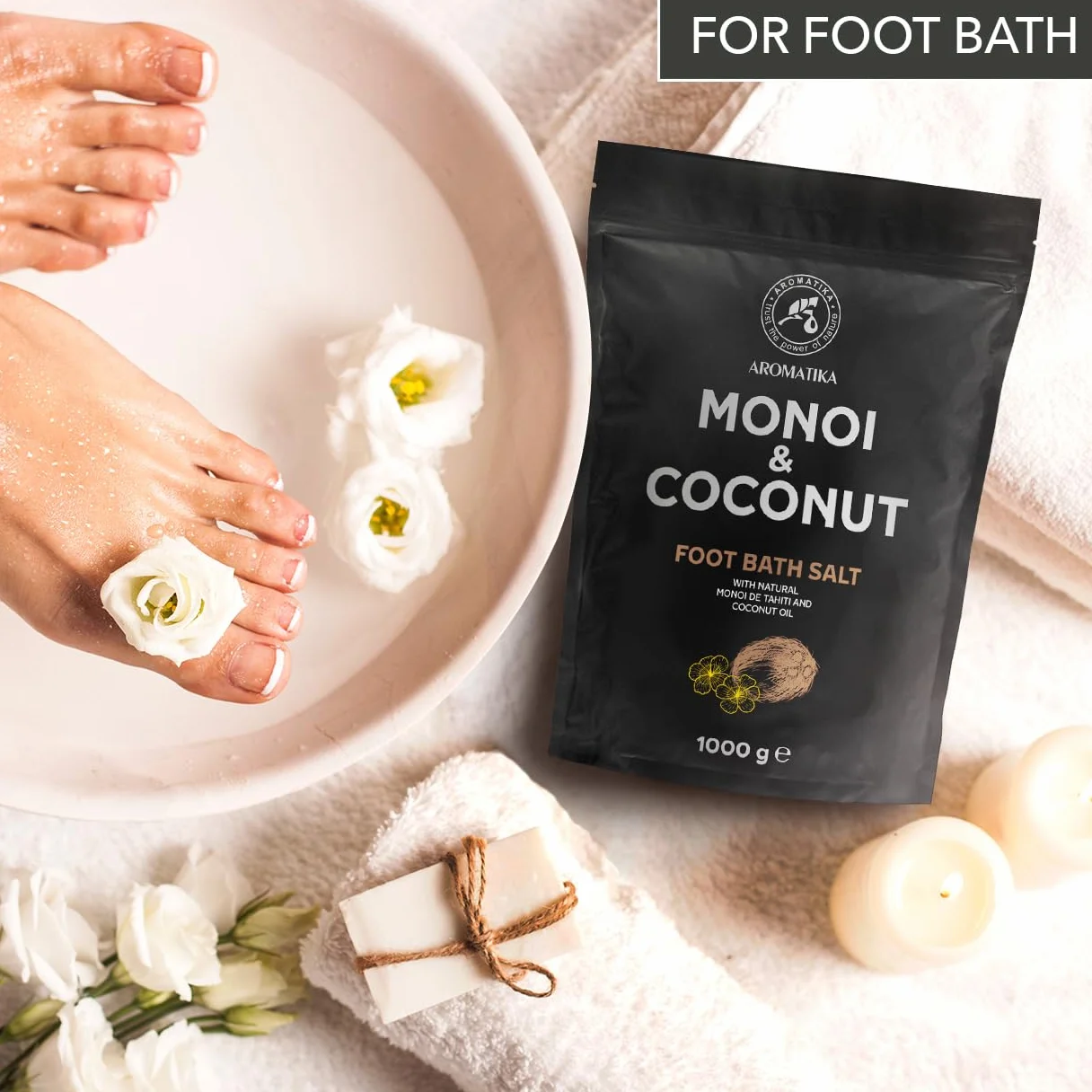 Sel de Bain pour Pieds Monoï de Tahiti & Coco 1000g - Huile de Monoï de Tahiti et Coco - Bain pour Pieds au Sel de Mer Naturel - Aromathérapie