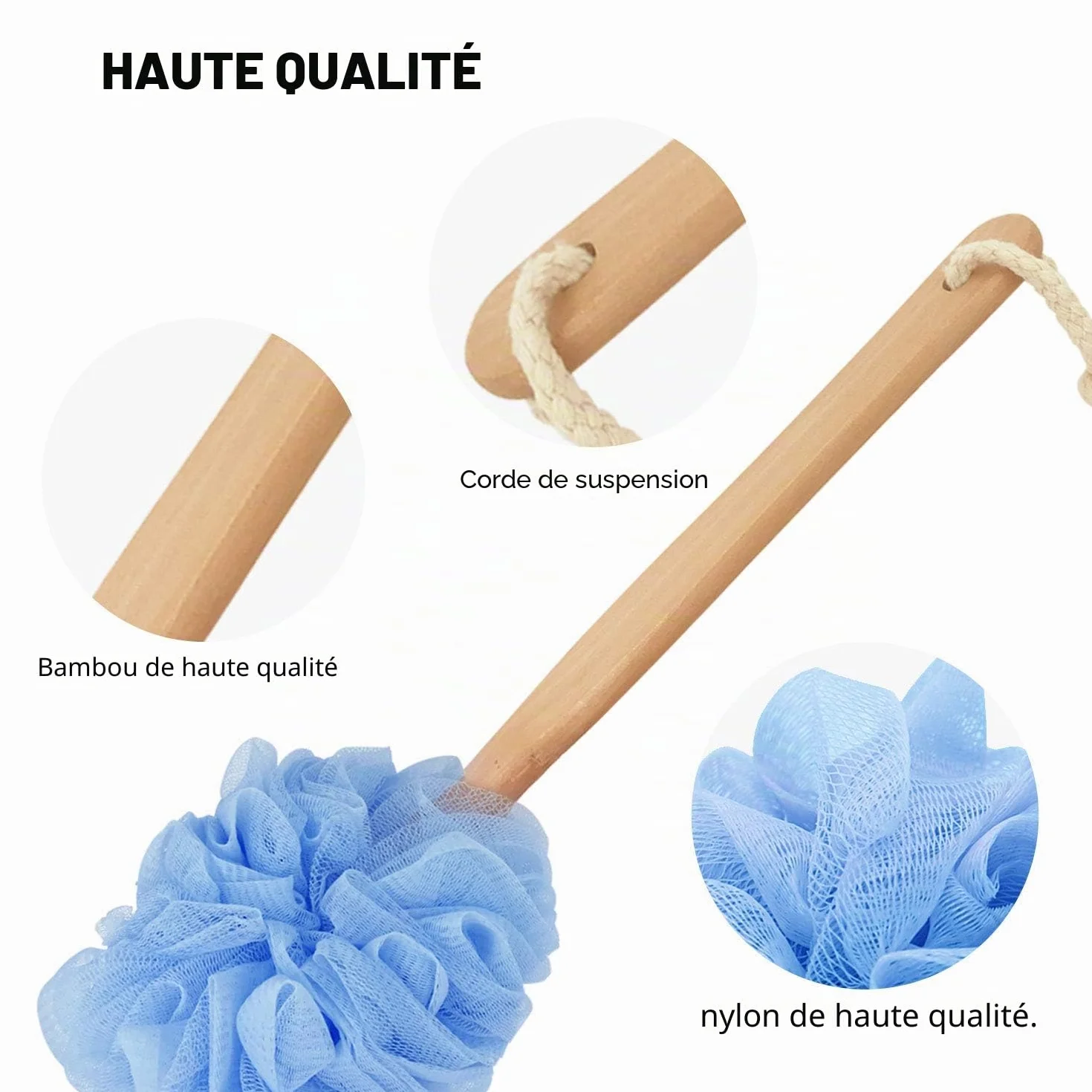 Pineker Brosse de bain en bois à long manche avec maille luffa pour exfoliation