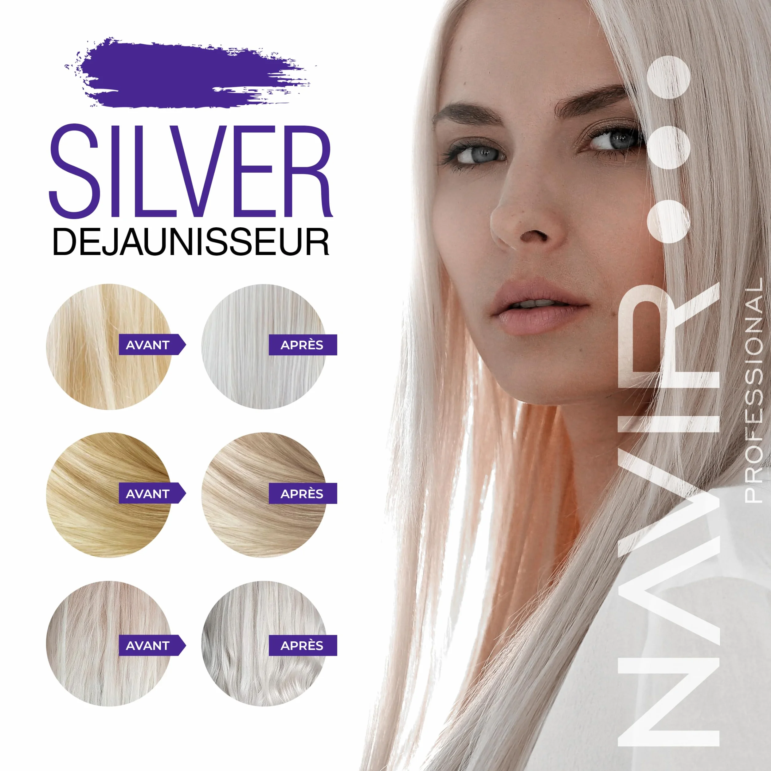 NAVIR Silver Traitement déjaunisseur professionnel pour cheveux blonds, décolorés, méchés, blancs et gris | Shampooing 300 ml + Masque 250 ml