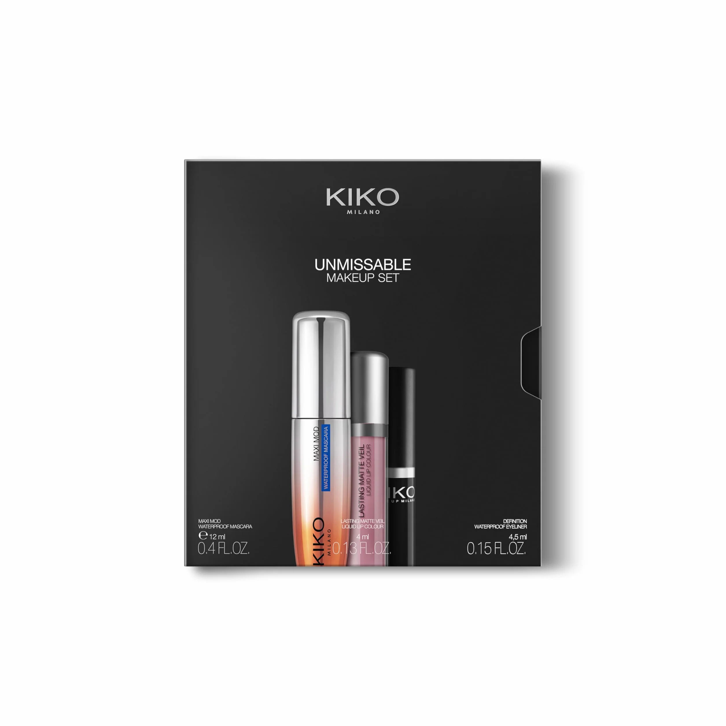 KIKO Milano Unmissable Makeup Set, Kit De Maquillage: Mascara Et Eye-Liner Résistants À L’Eau, Rouge À Lèvres Liquide Mat