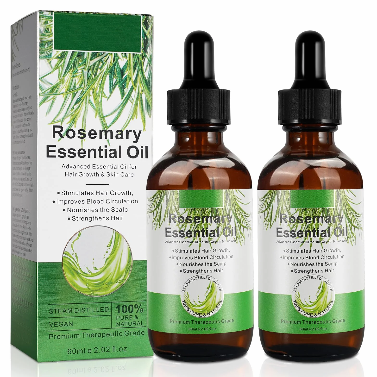 Huile Essentielle de Romarin 100% Pure pour Croissance des Cheveux et Soins de la Peau 60ml (Pack de 2)
