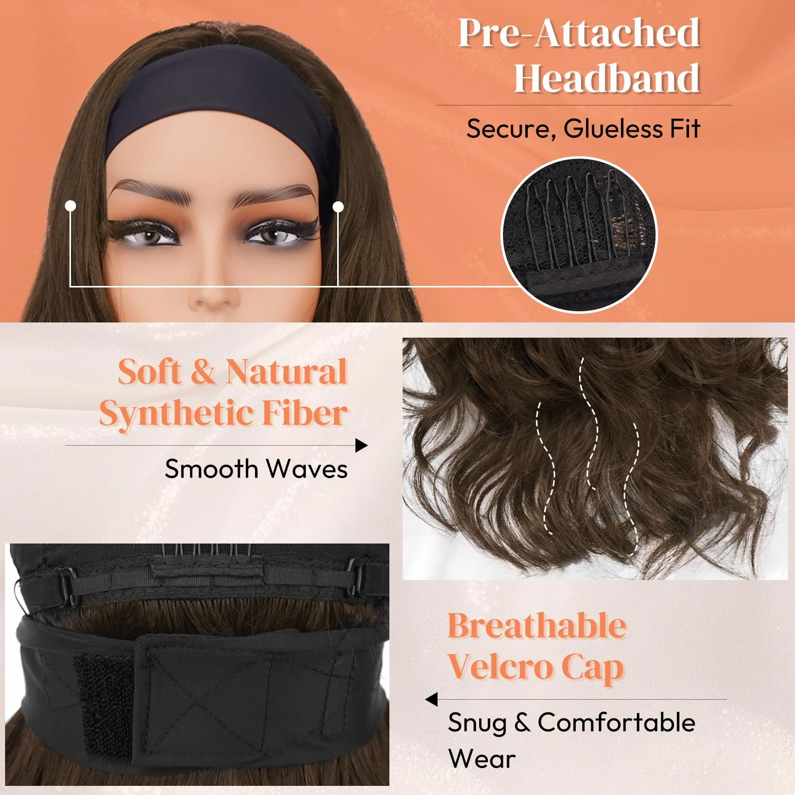 BARSDAR Ondulée Brun Clair Bandeau Perruque, 66cm Longue Body Ondulée Synthétique Headband Perruque pour Femme Hair Wig D'aspect Naturelle Glueless Easy Wear Cheveux Perruques