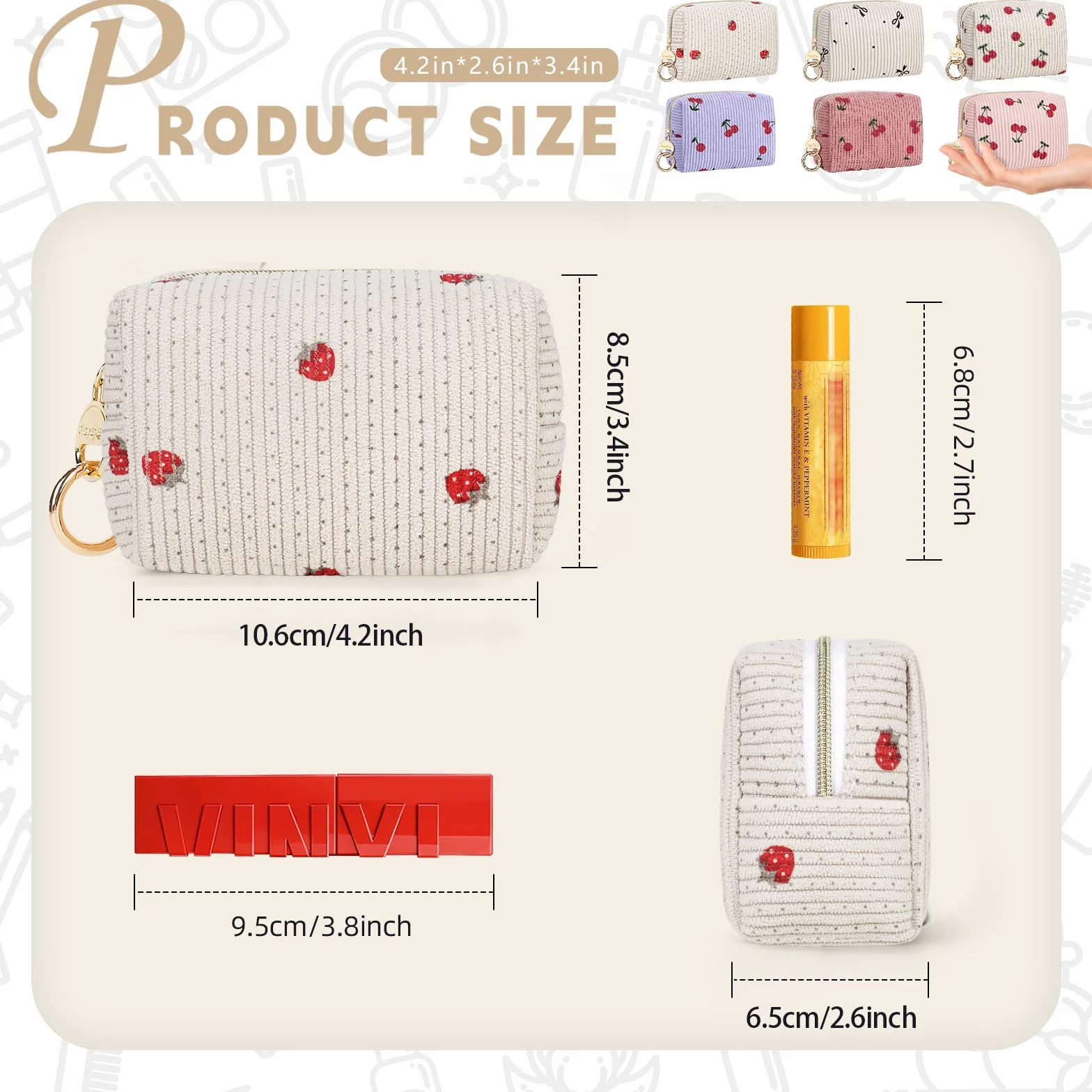 Pochette Maquillage Velours Côtelé Trousse de Rangement Femme Cosmétique 11x5,5x8,5cm Cerise-Rose