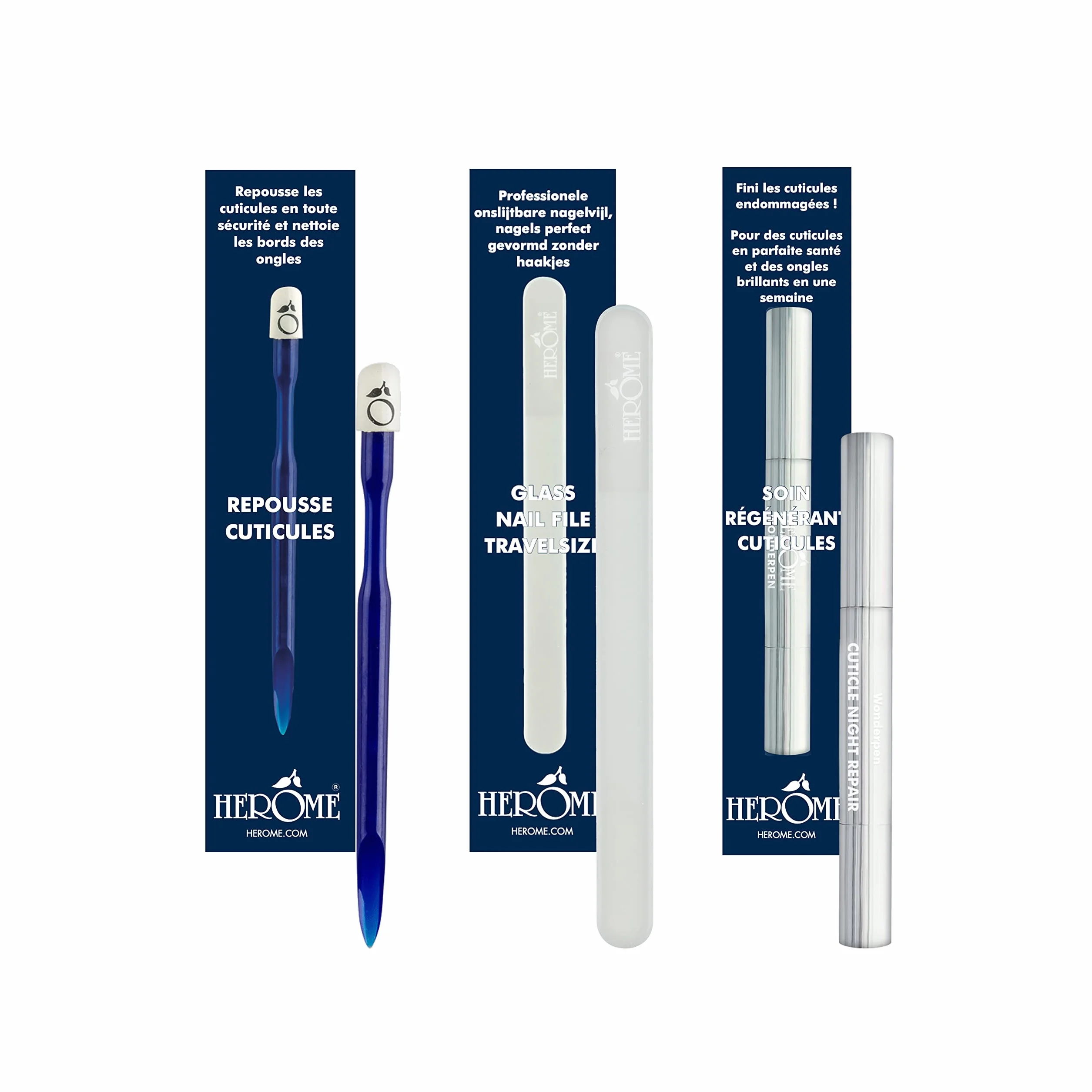Herome Combi-Pack Repousse-Cuticule, Lime à Ongles en Verre Format Voyage & Stylo Magique Pour Cuticules (Cuticle Pusher, Glass Nail File Travel-Size & Cuticle Night Repair (Wonderpen))