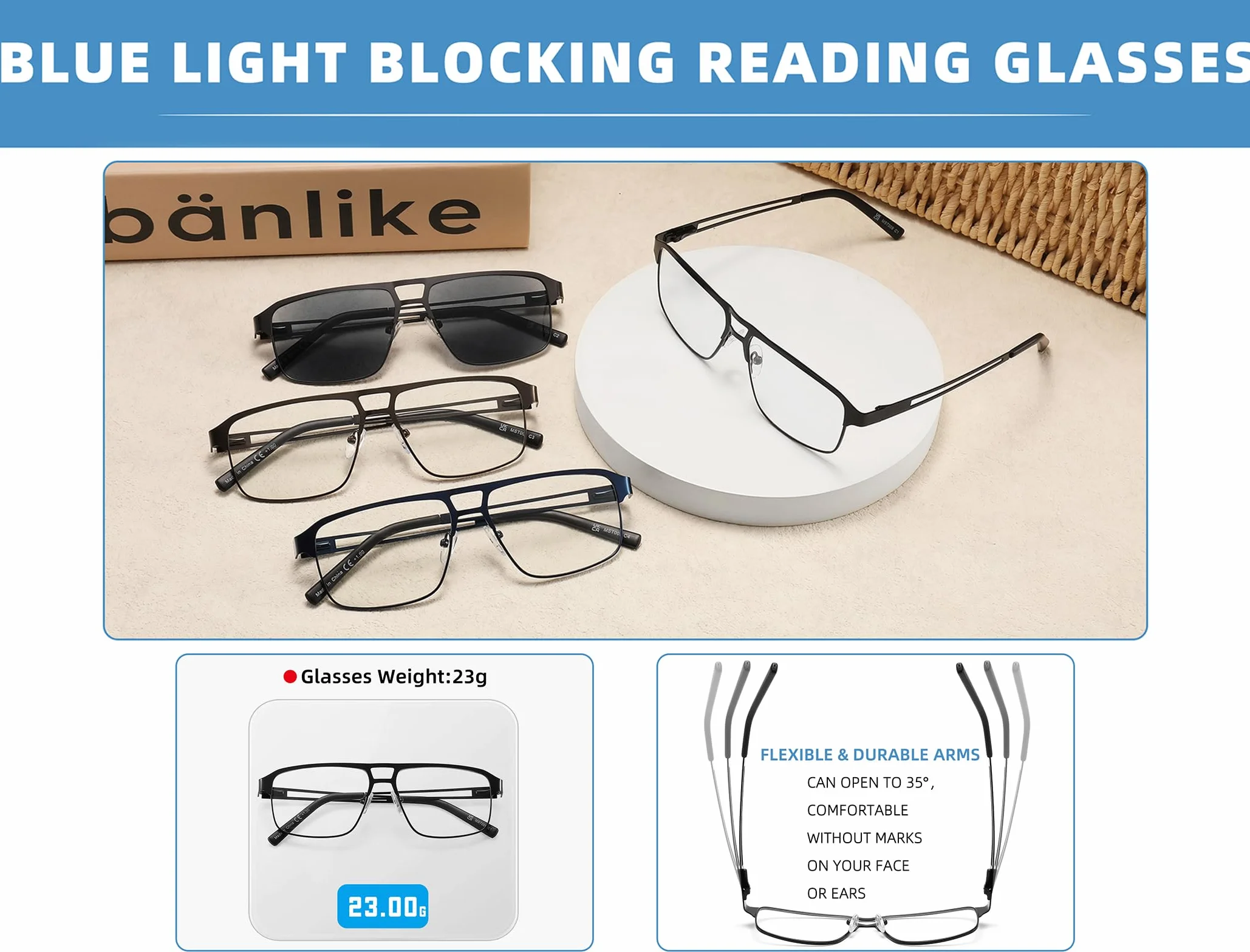 MODFANS 3 Paire Lunettes Lecture Anti Lumiere Bleue Monture Rectangle Metal