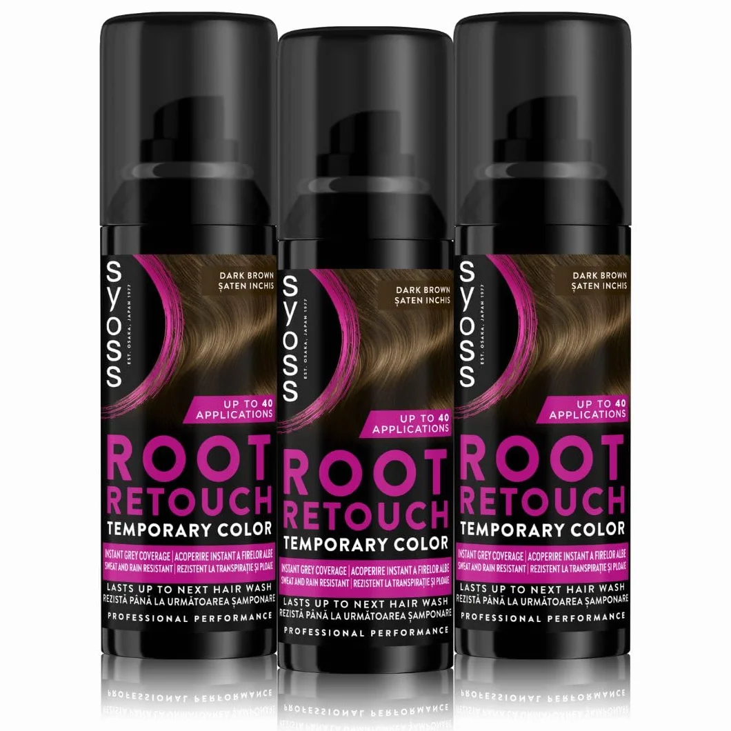 Syoss Spray réparateur racines marron foncé niveau 1 (3 x 120 ml), spray de racines couvrant les racines plus claires et grises repoussantes, la couleur des racines dure jusqu'au prochain lavage des