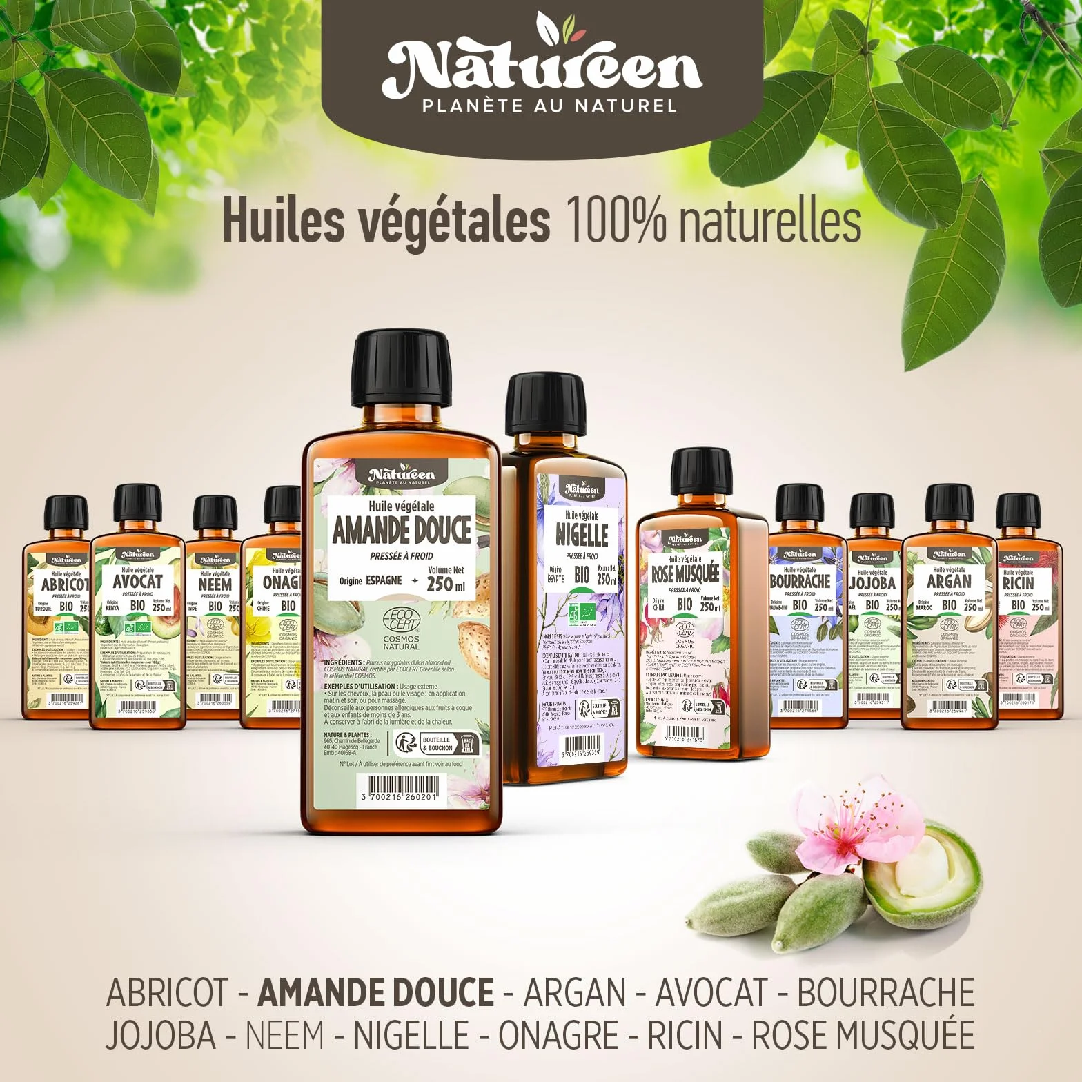 Huile d'Amande Douce 900 ml Cosmos Natural Natureen Pressée à froid Cheveux Peau Visage