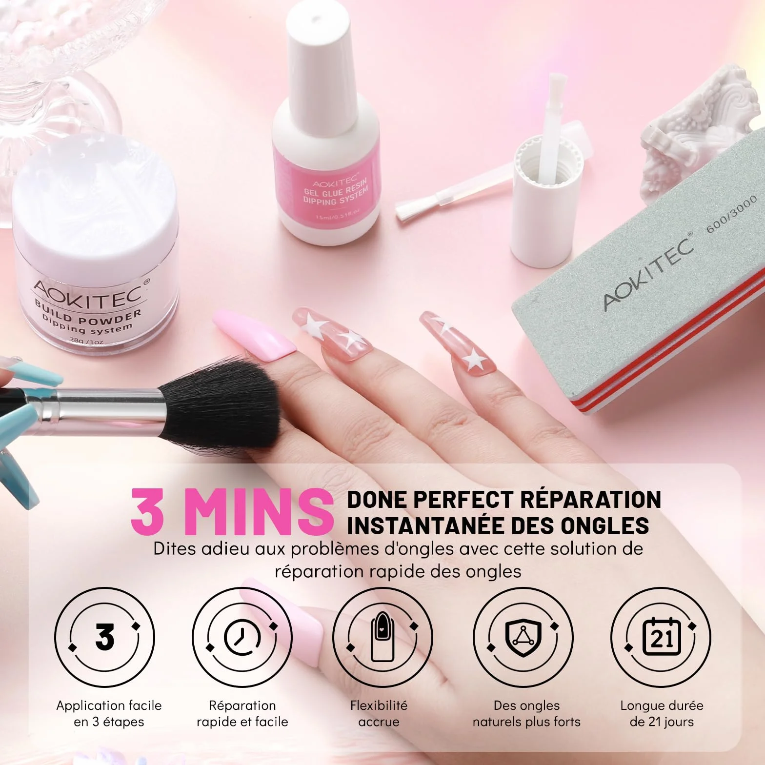 Aokitec Kit de poudre Dip Build 28 g avec colle de réparation pour ongles naturels cassés, séchage rapide à l'air libre