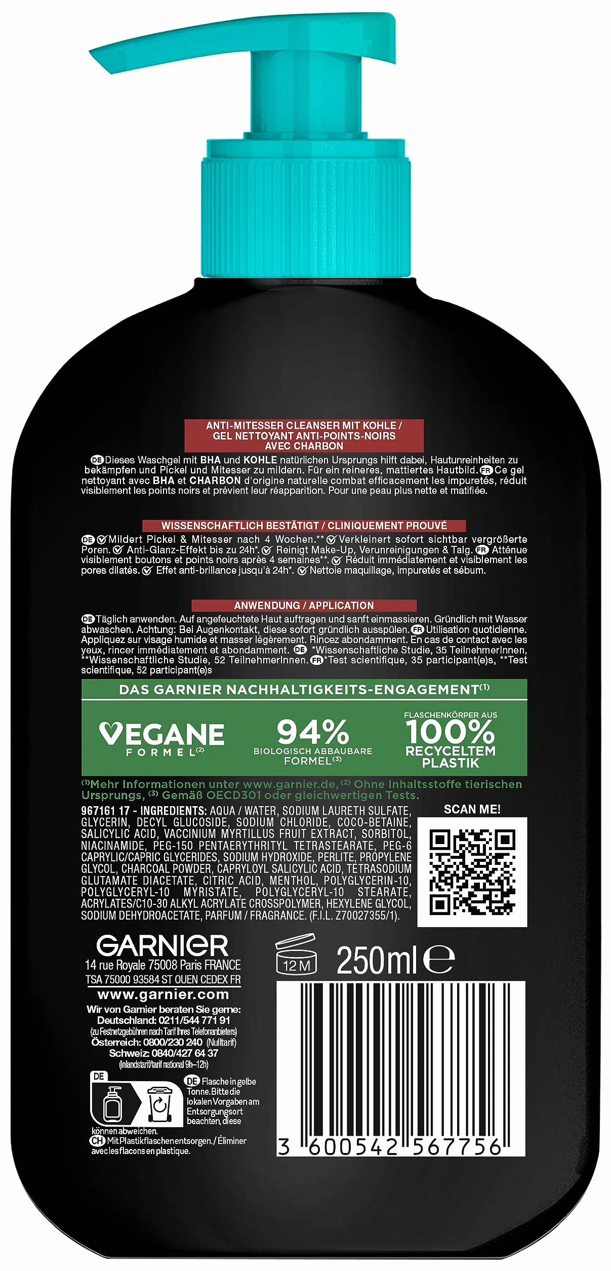 Garnier Gel lavant Carbon Cleanser BHA anti-points noirs 250 ml