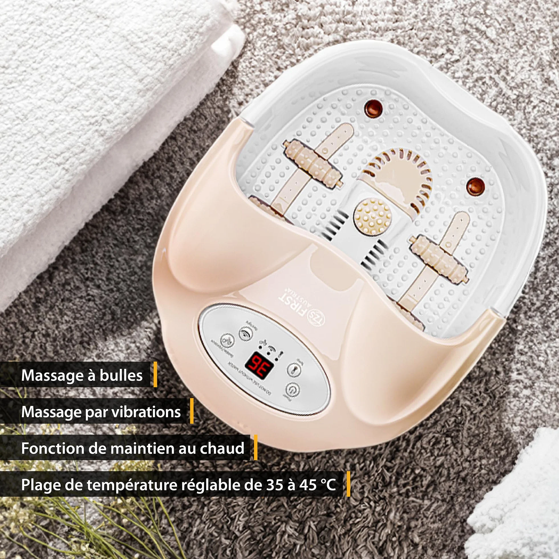 TZS First Austria - Bain de Pieds avec Massage - 450W - Écran LED & Lumière Rouge - Jusqu'à la Pointure 43 - 3 Accessoires, Protection Anti-Éclaboussures & Boîte à Arôme - Beige