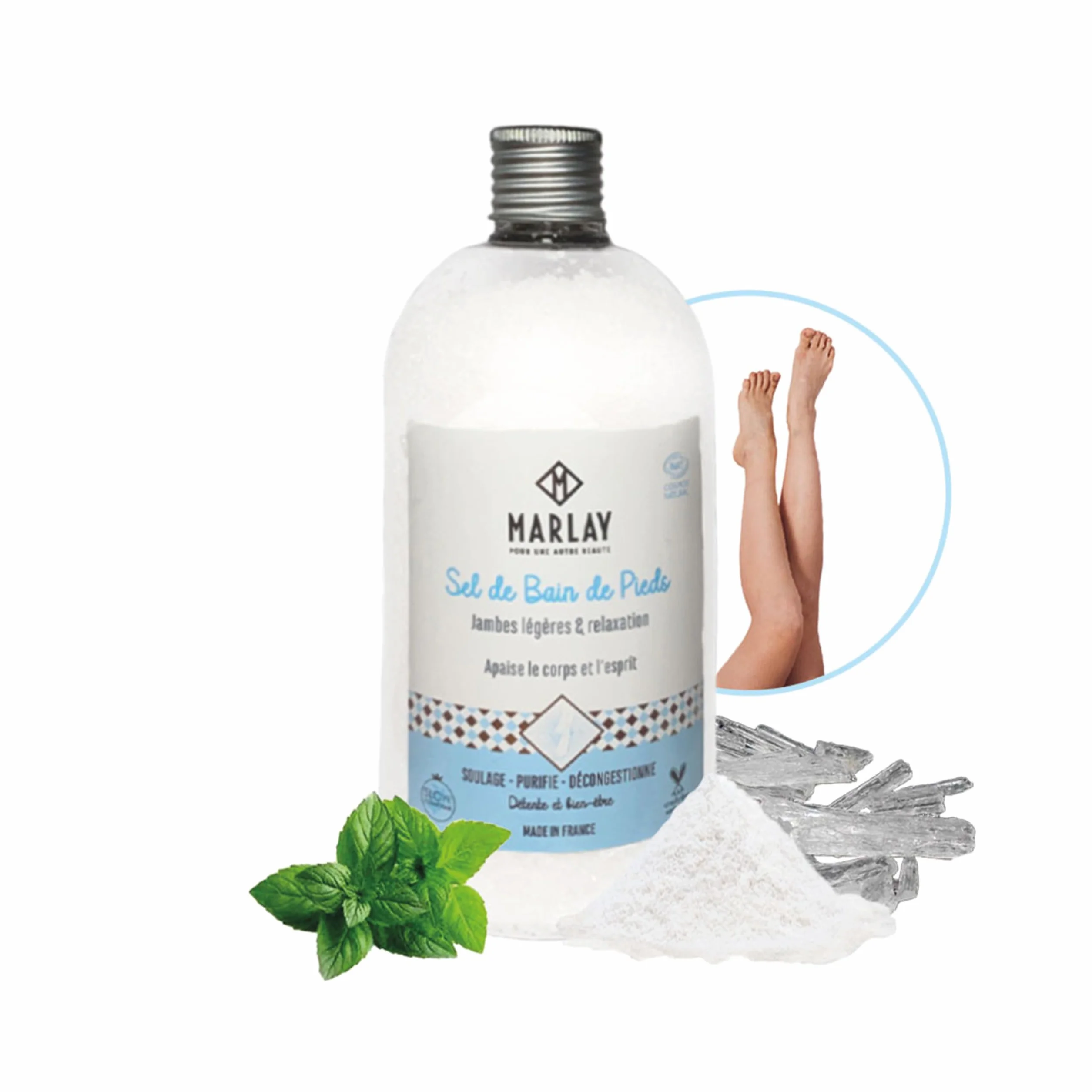 Marlay Cosmetics - Sel de Bain pour Pieds 600 g - Sel Marin, Menthe Poivrée & Huiles Essentielles - 100% Naturel - Soin des Pieds & Jambes - Pieds Secs - Spa Bien-Être - Fabriqué en France
