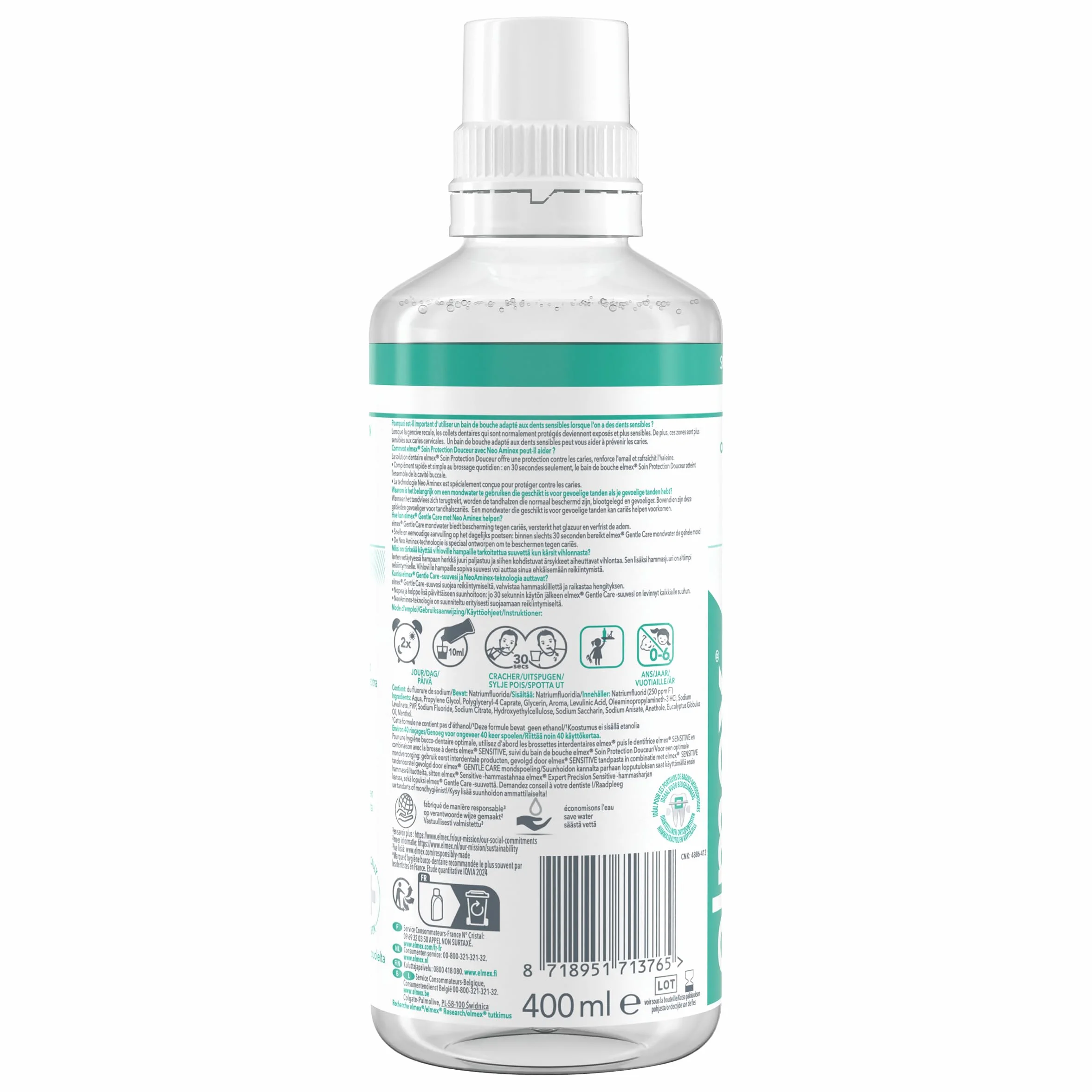 ELMEX Bain de bouche Soin Protection Douceur Triple action dents sensibles protection caries Sans alcool 400ml
