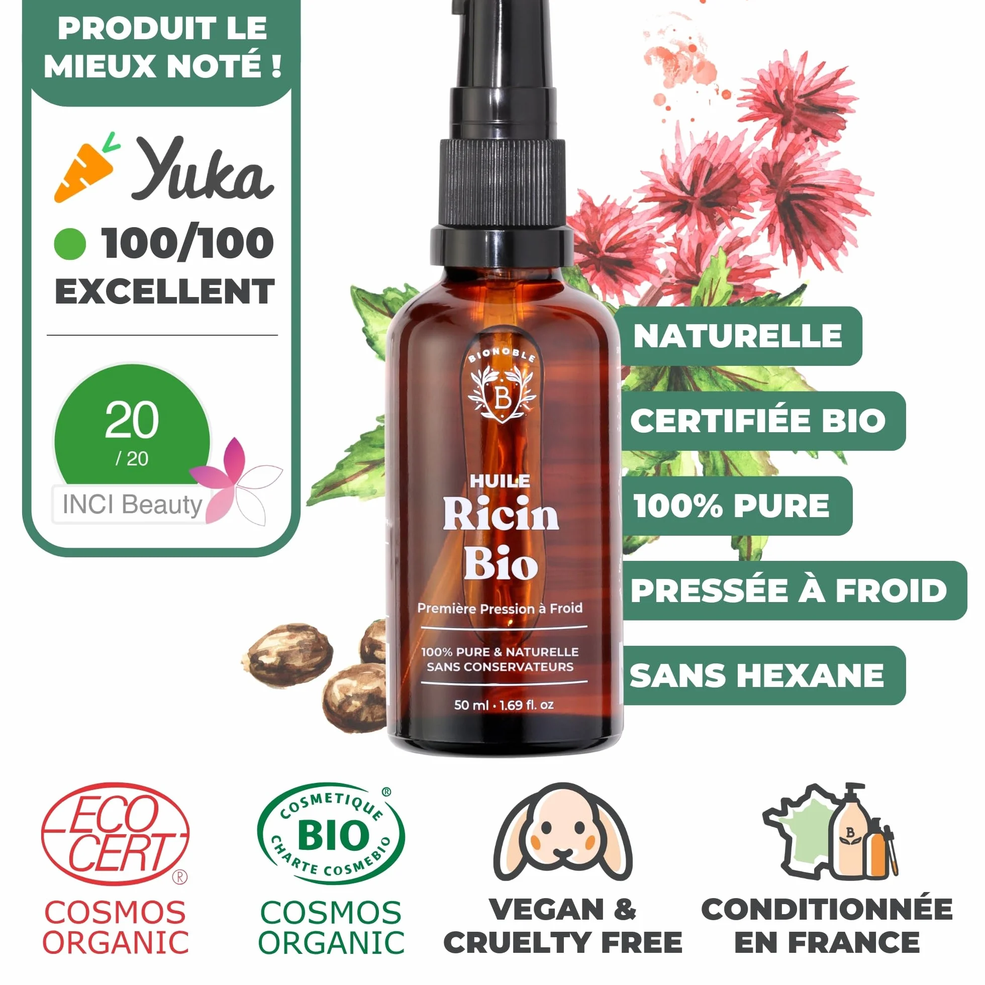 Huile de Ricin Bio Pressée à Froid 100% Naturelle pour Cheveux, Cils, Sourcils - Castor Oil 50ml