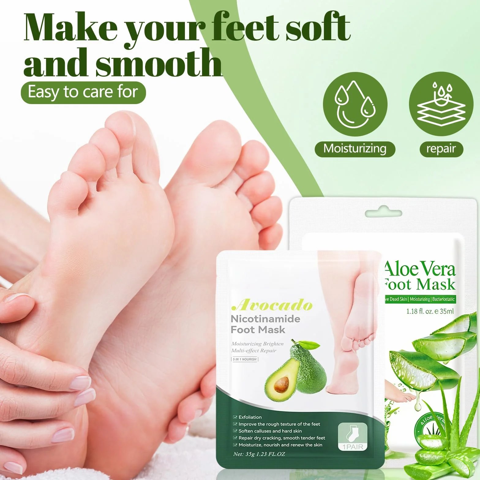 Masque Pieds Peeling Exfoliant Aloe Vera Avocat, Chaussettes Nourrissantes pour Peaux Sèches