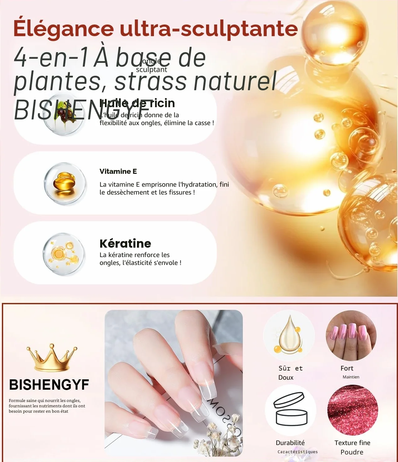Kit de décoration d'ongles chromé et gel 3D 4 en 1, poudre miroir sans essuyage, or rose et argent, base solide transparente