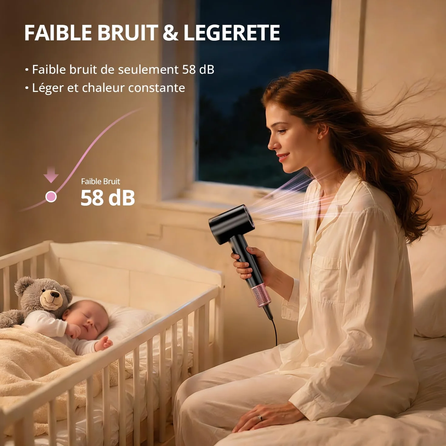 Sèche Cheveux Ionique Professionnel 180 000 tr/min, 4 Températures, Protection Surchauffe, Faible Bruit (Noir)