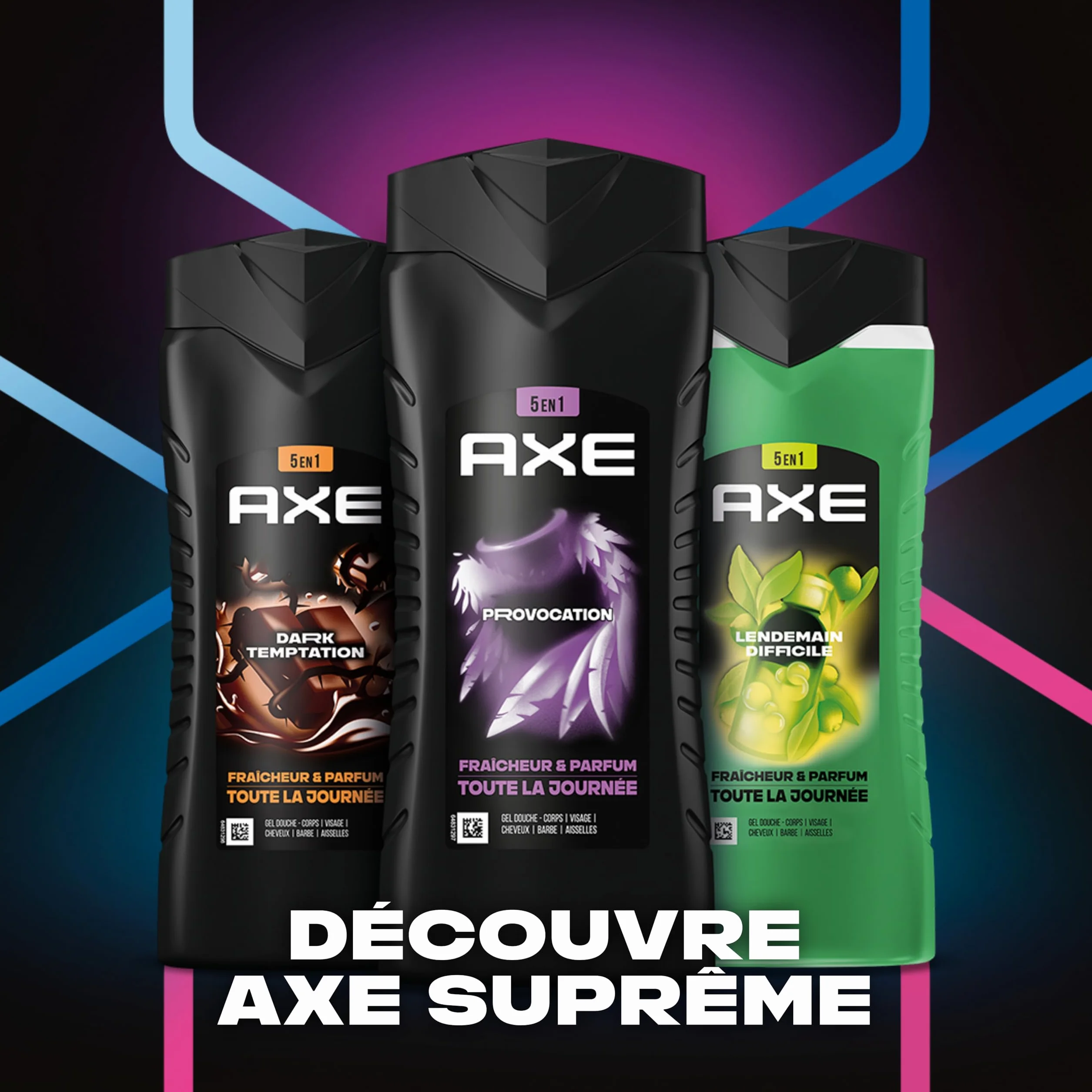 AXE Gel Douche Homme 5en1 Provocation 400ml Parfum noix de coco et poivre noir 24h Hydratant