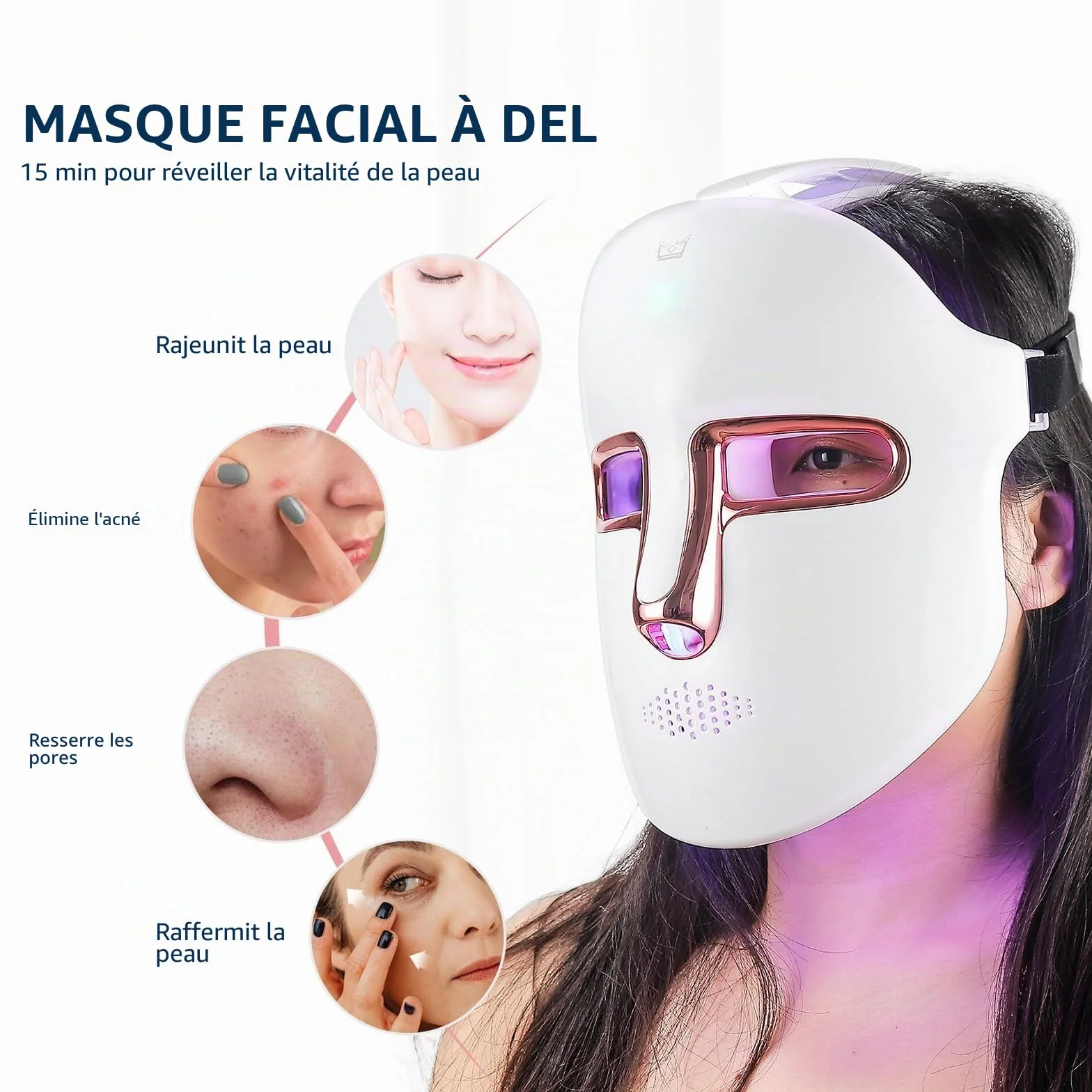 Masque de beauté LED sans fil, 7 couleurs avec 270 perles, masque lumineux LED rechargeable pour la beauté du visage, anti-anges, rajeunissement, raffermissant, rides lisses