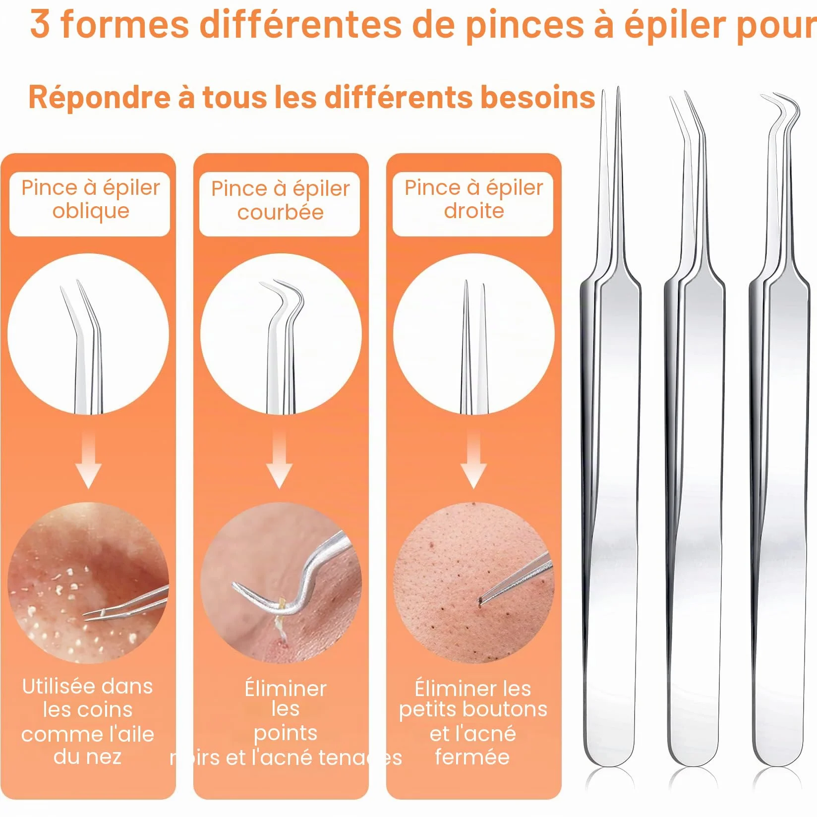 Extracteur Point Noir 15 Pièces Pince Professionnels Acier Inoxydable pour Enlever Boutons Acnés Visage - Blackhead Remover Outil Étui Métal Argent