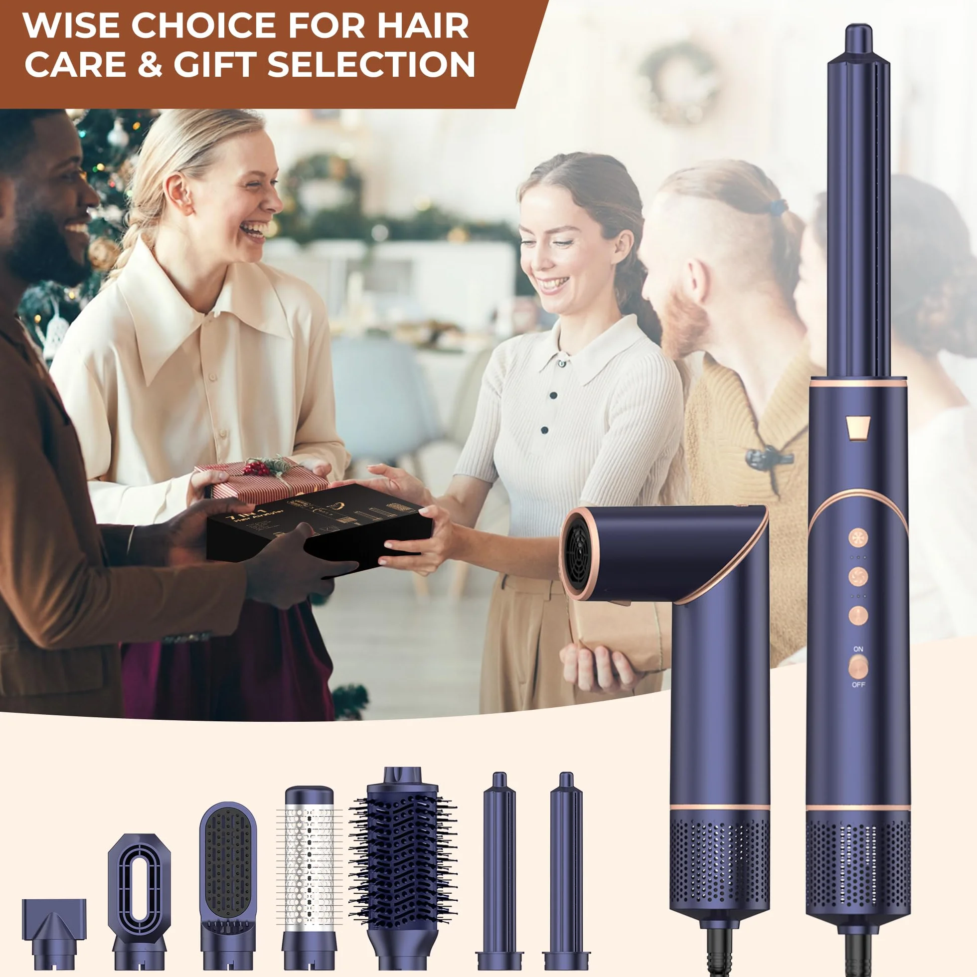 Pro Air Brush Styler 7 en 1 Brosse Soufflante Sèche Cheveux Haute Vitesse Ionique 110000 tr/min Bleu