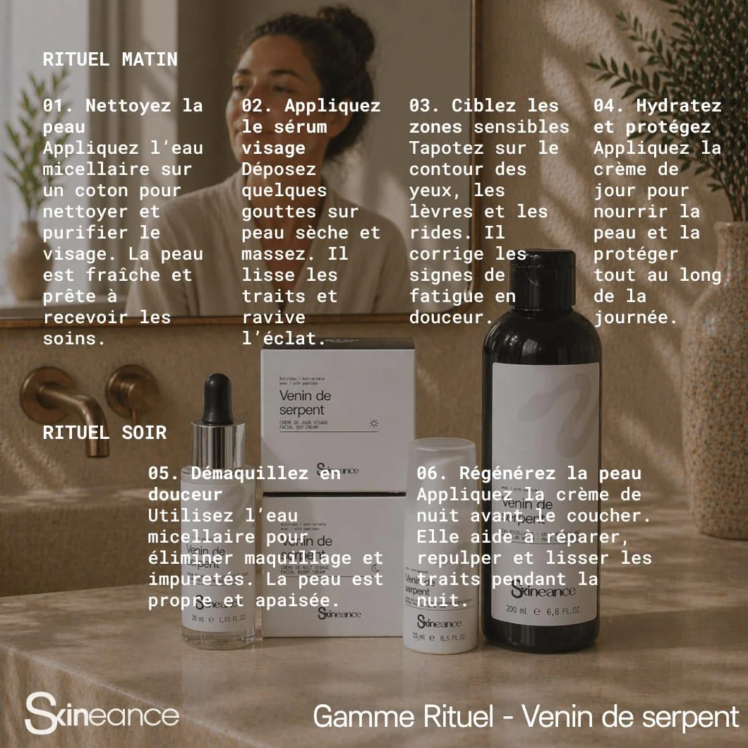 Skineance - Gamme Rituel Venin de Serpent | 5 Produits Soin Visage Anti-âge | Crème Jour 50 ml + Crème Nuit 50 ml + Eau Micellaire 200 ml + Sérum 30 ml + Sérum Zones Sensibles 15 ml | Coffret beauté