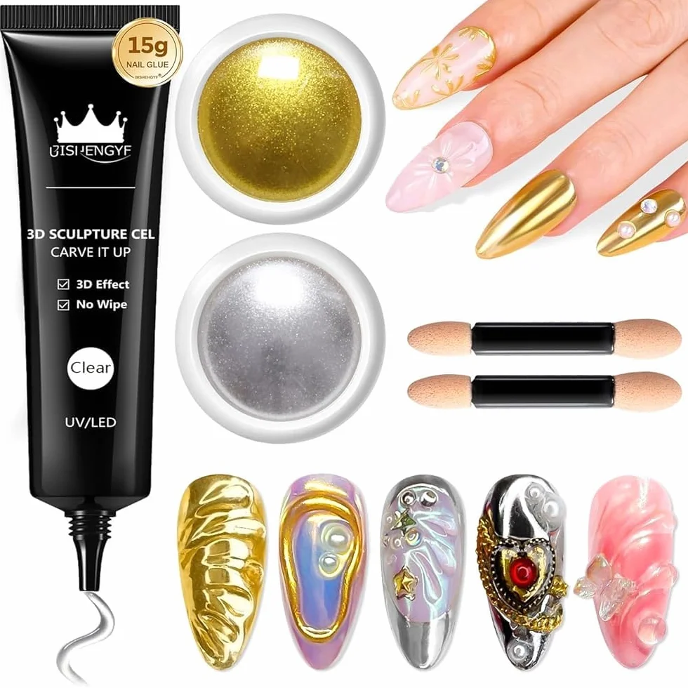 Kit de décoration d'ongles chromé et gel 3D 4 en 1, poudre miroir sans essuyage, or rose et argent, base solide transparente