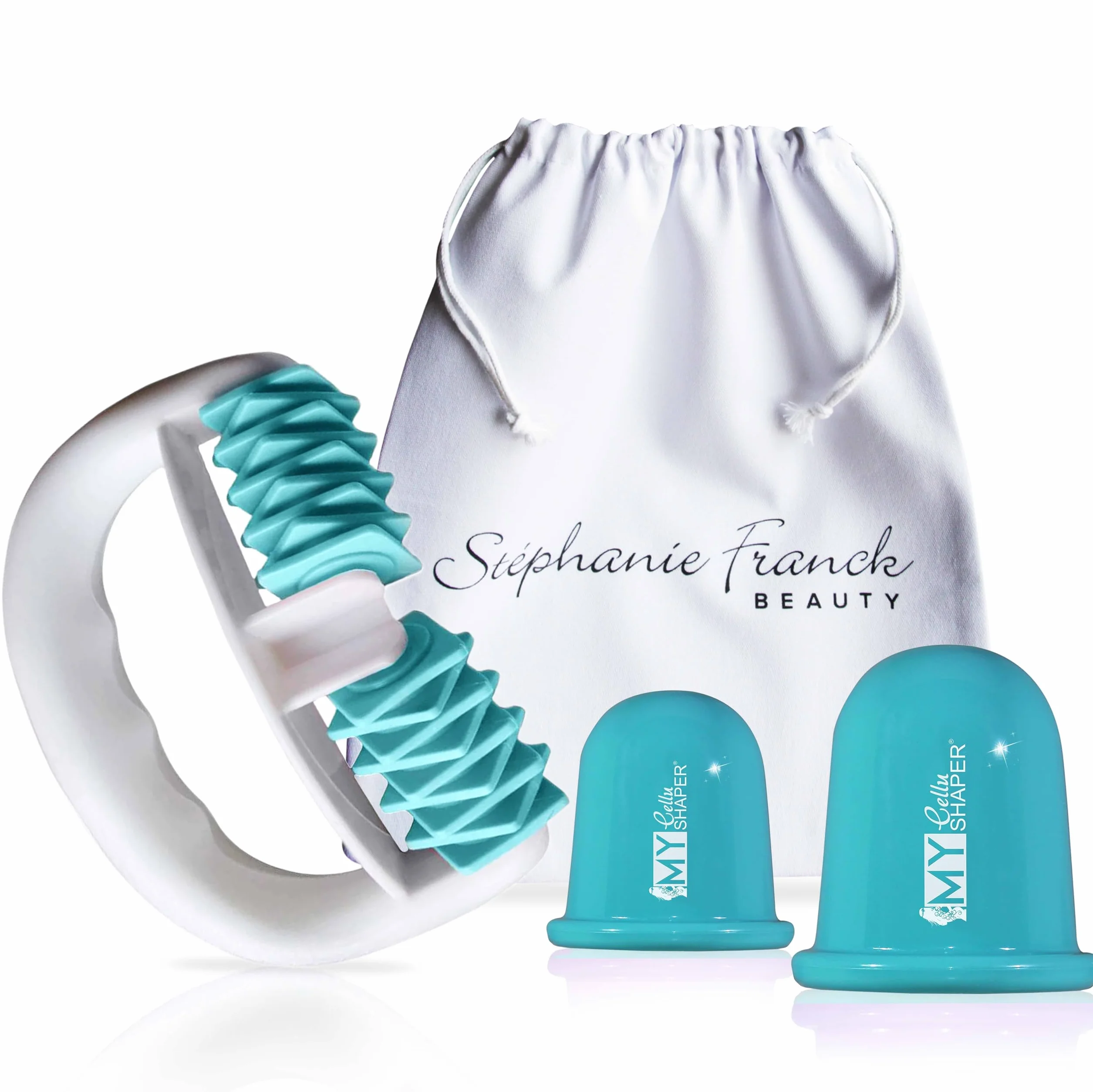 Kit Massage Anticellulite avec Body Roller My Body Shaper + 2 Ventouses My Cellu Shaper – Palper-Rouler, Drainage Lymphatique, Soin Jambes, Ventre, Cuisses, Fesses, Turquoise