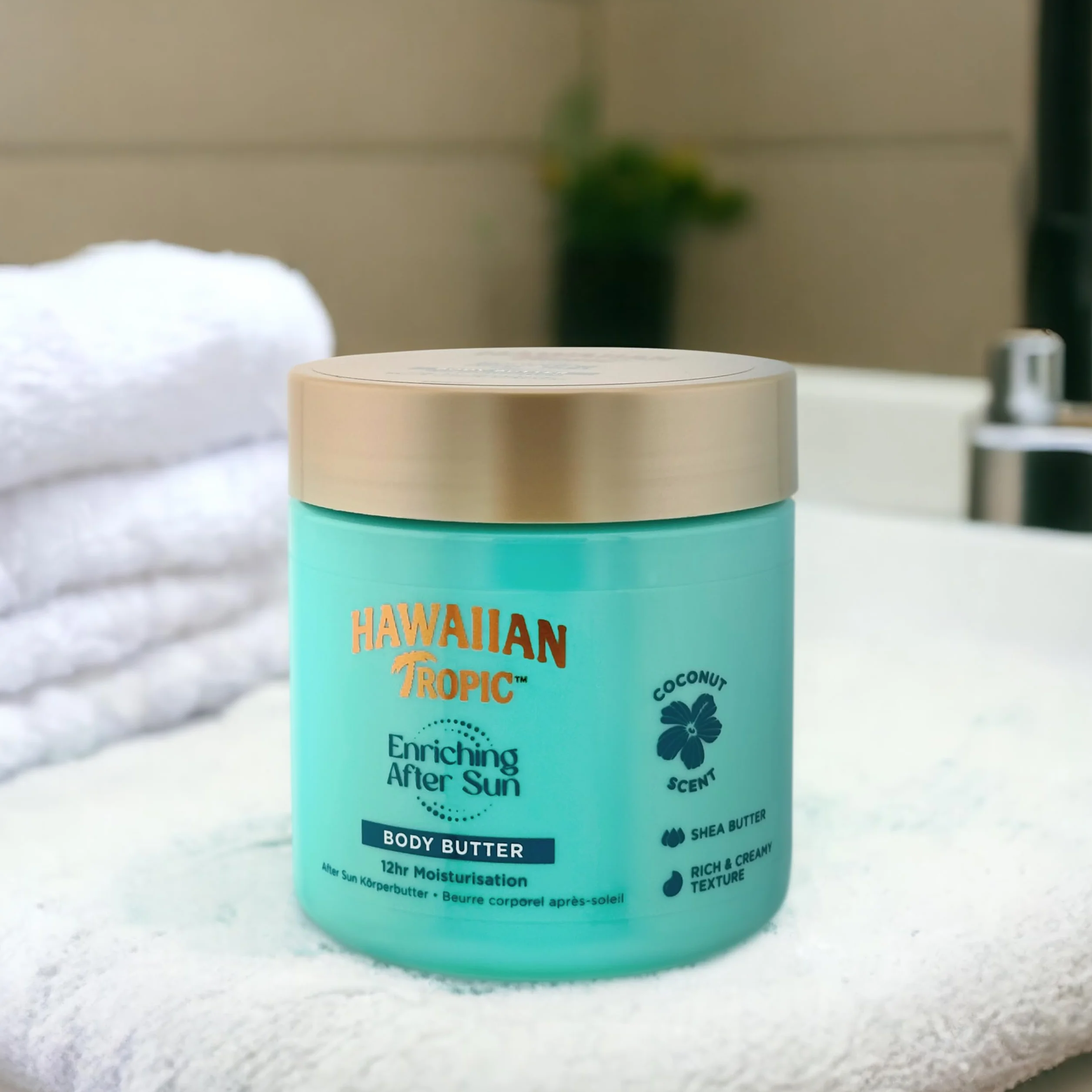 Hawaiian Tropic Beurre Corporel Après-Soleil Enrichissant 250 ml, Hydratation 12 Heures, Beurre de Karité, Parfum Noix de Coco, Végan