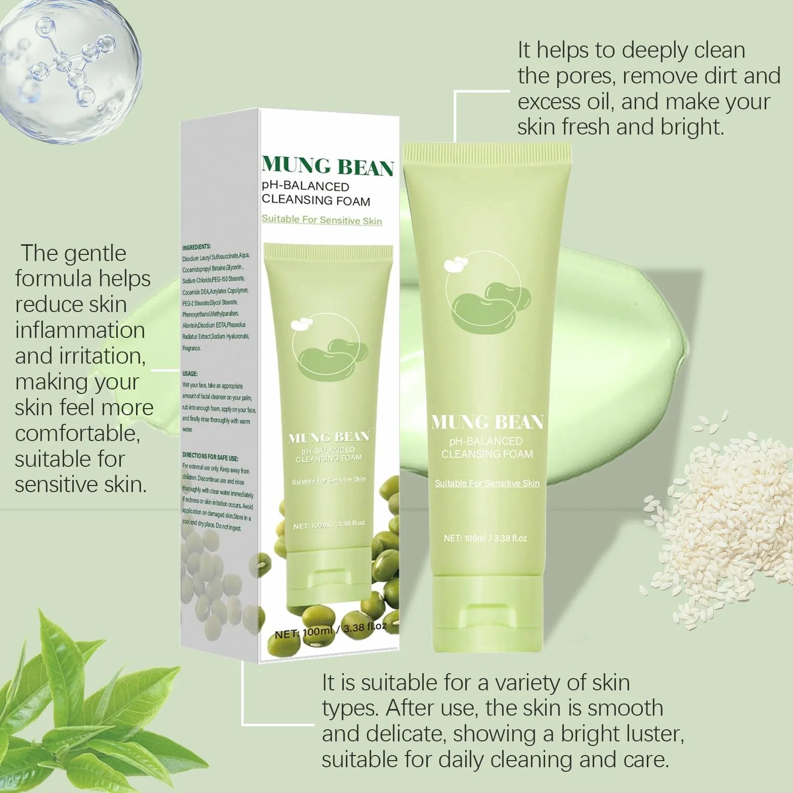 Mousse nettoyante au pH de haricots mungo (160 ml) - Sans parfum, non comédogène, testée, nettoyante pour le visage en profondeur - Convient pour les peaux sensibles - Nettoyant pour masque facial (3)