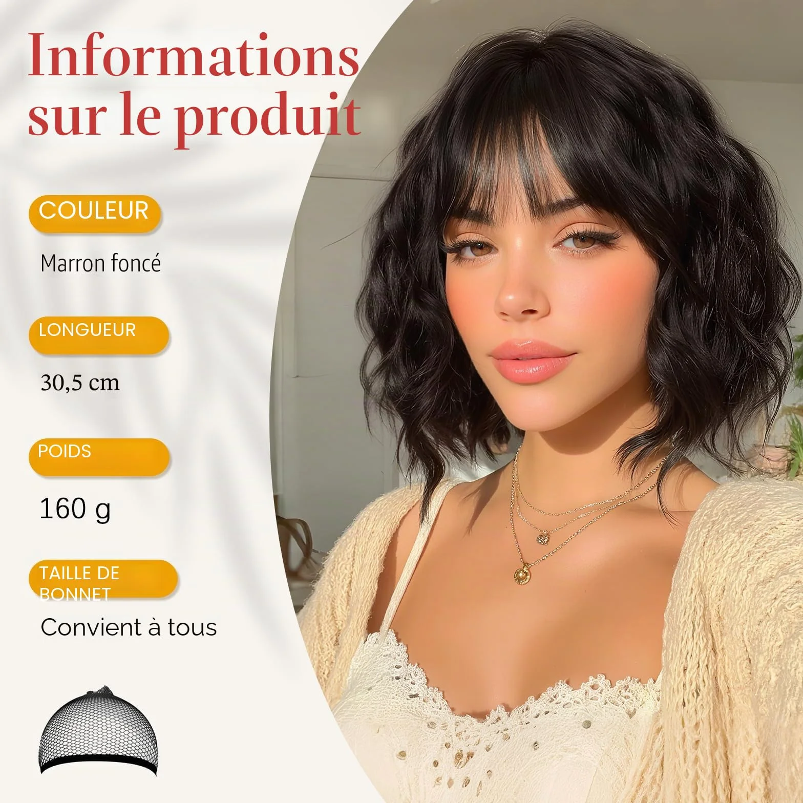 Sofeiyan Perruque Courte Ondulée 30 cm avec Frange, Cheveux Synthétiques Marron Foncé pour Femme Résistante à la Chaleur Naturel Bouclée pour Usage Quotidien et Cosplay
