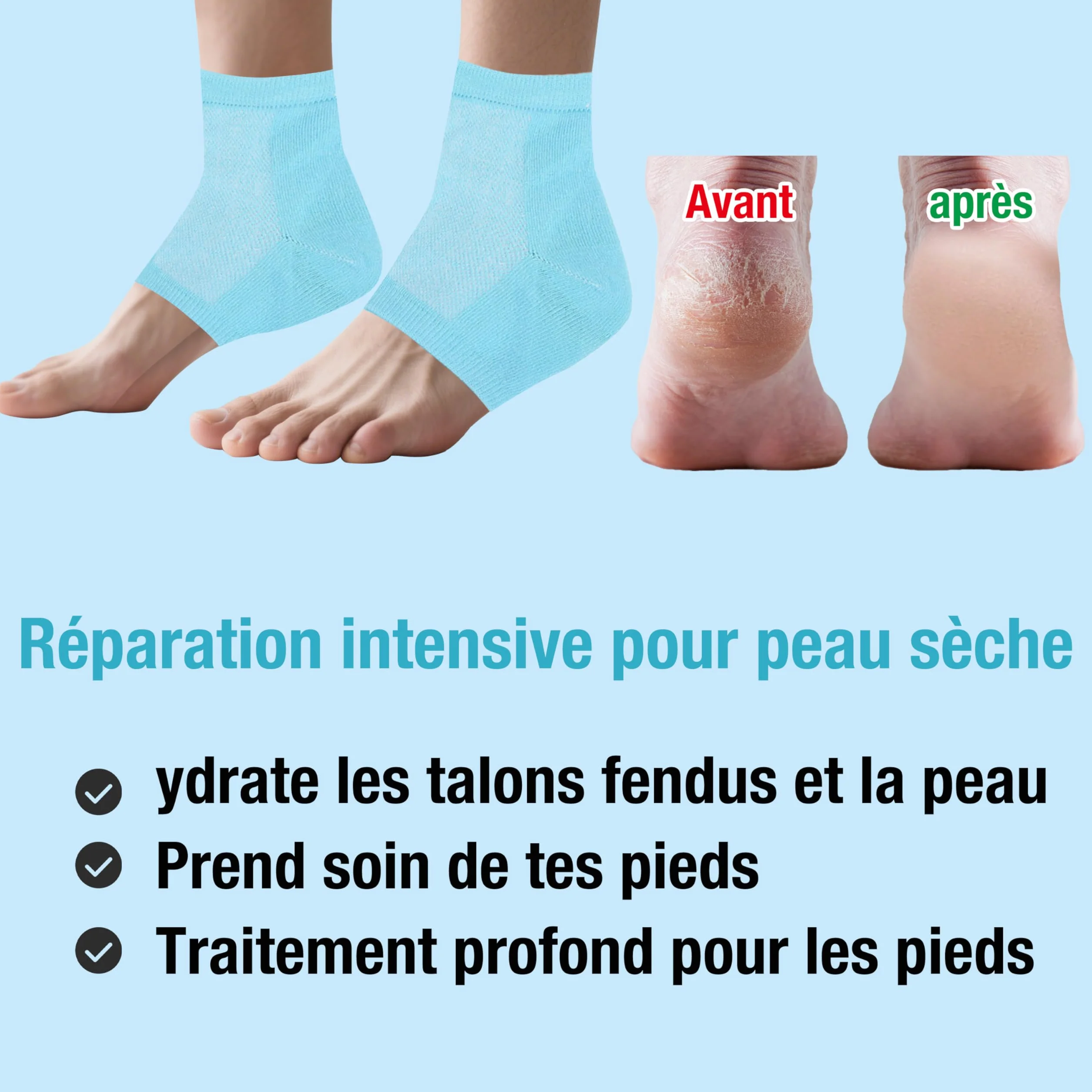 Chaussettes hydratantes de nuit réutilisables en gel respirant silicone souple pour pieds secs crevassés