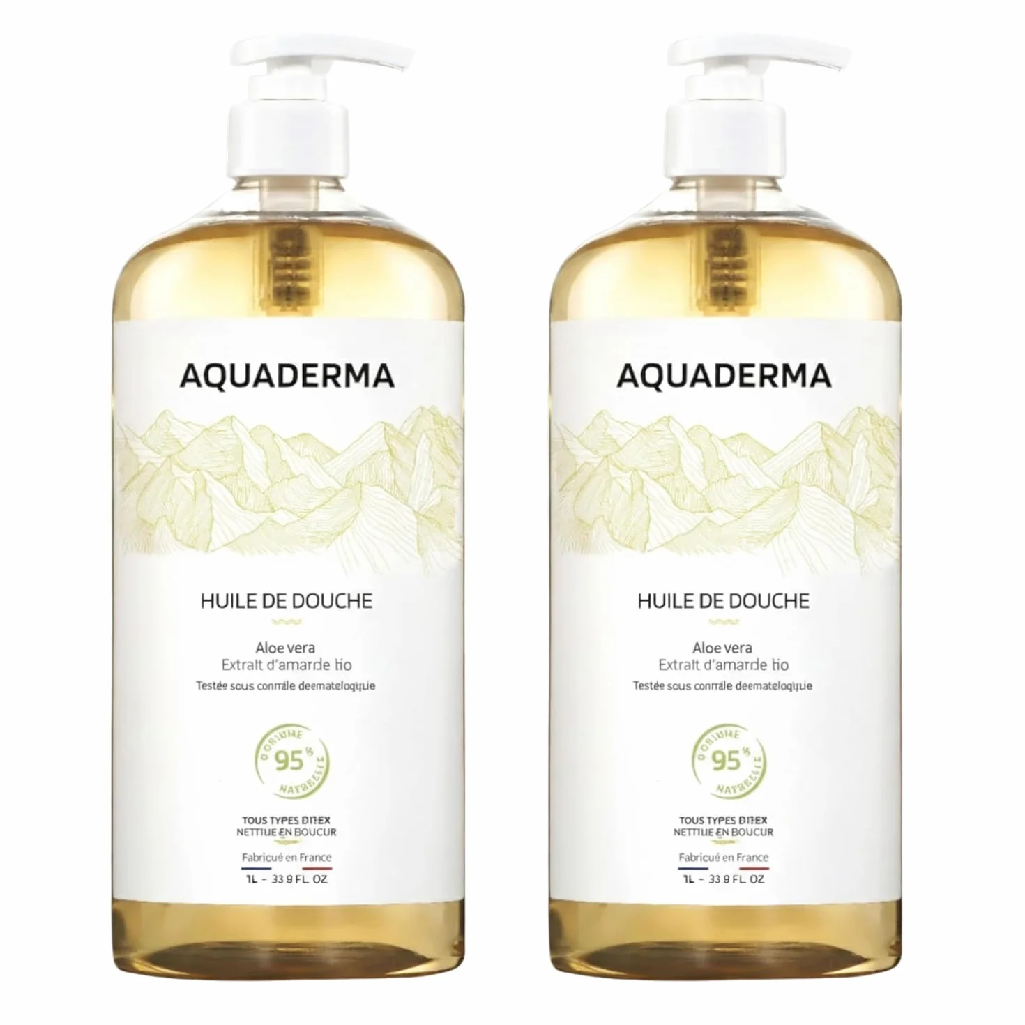 Huile Douche Aloe Vera & Amande - Lot de 2x1L - 95% Origine Naturelle & Made In France - Nourrit & Protège - Tous Types de Peaux, Visage & Corps - Hypoallergénique