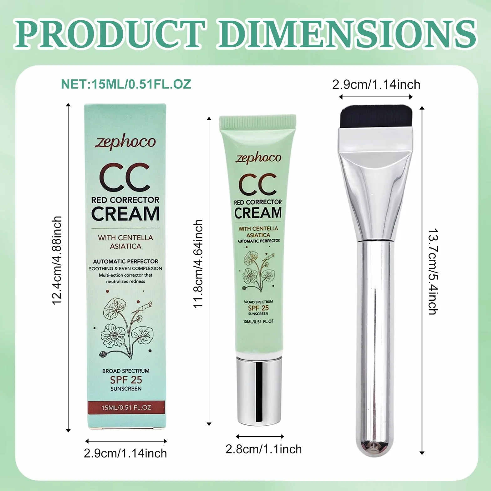 Crème Correctrice Centella Asiatica SPF 25 Anti-Rougeurs 15ml avec Pinceau Fond de Teint Cosmétiques Coréens