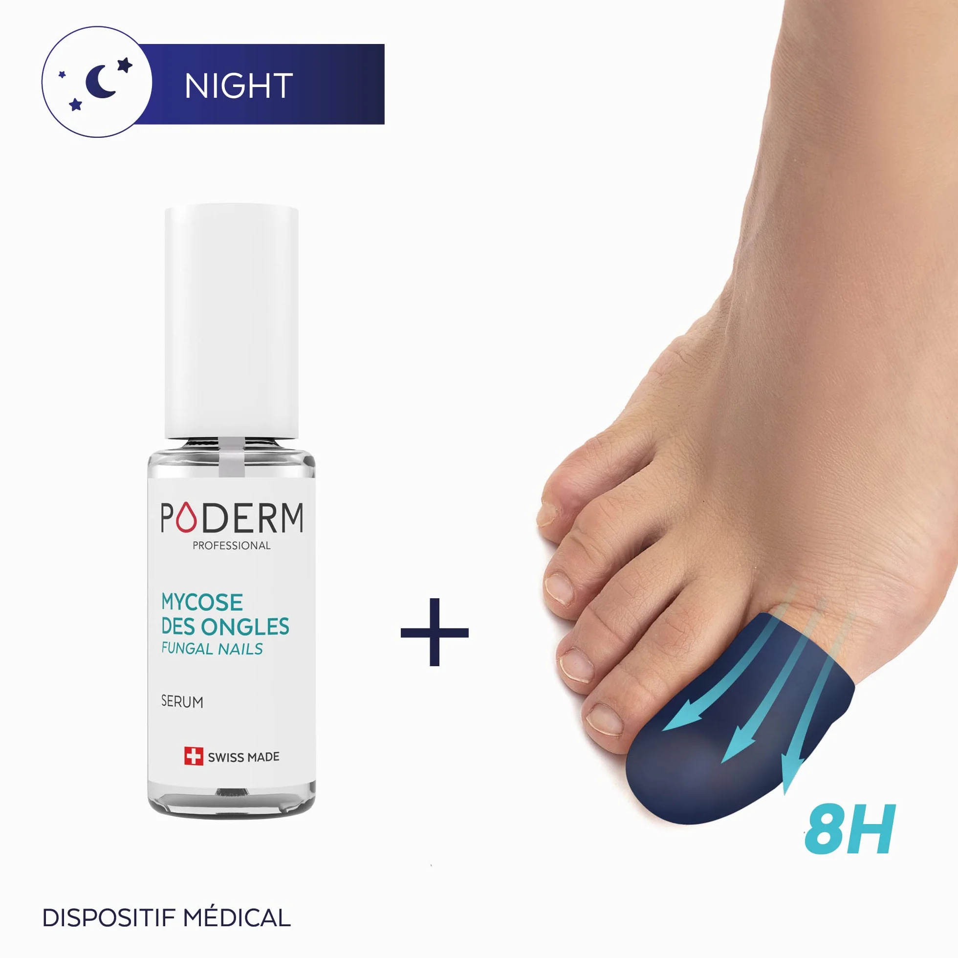 PODERM – MYCOSE ONGLE TRAITEMENT INTENSIF NUIT 2en1 – Élimine la mycose & renouvelle l’ongle pendant votre sommeil |VEGAN | Soin professionnel pied/main | Facile & rapide | Swiss Made