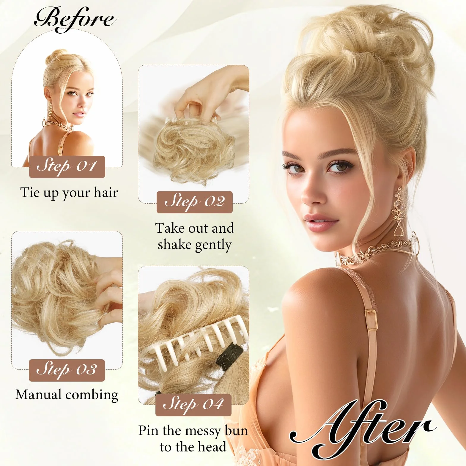 Sofeiyan Chignon en Cheveux Humains,Postiche Bouclé Messy Bun avec Pince,Extensions de Cheveux Bouclés Naturel Clip Bun pour Femmes, Clip in Claw Scrunchies(Blond Beige avec Reflets Blond Clair)