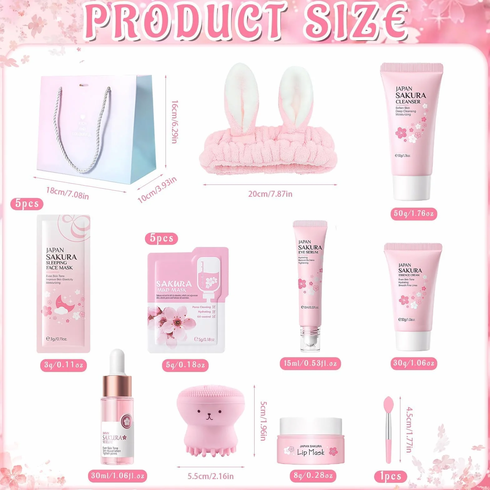 Sakura Ensemble de Soins de la Peau 18 Pièces, Kit Hydratant avec Nettoyant, Crème, Sérum