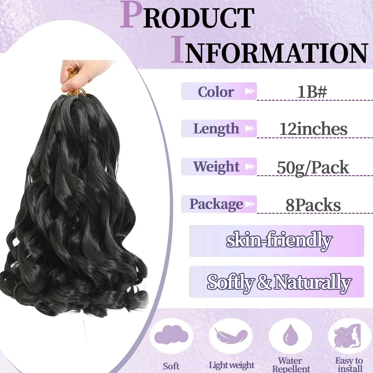 12 Inch French Curls Braiding Hair 8 Packs Spanish Curly Braids Pre Stretched Loose Wave Soft French Curl Synthetic Braiding Hair Extensions for Women (1B, 12 Inch (Pack of 8))