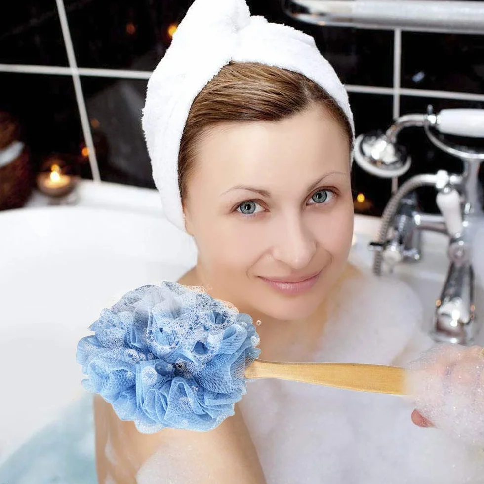 Pineker Brosse de bain en bois à long manche avec maille luffa pour exfoliation